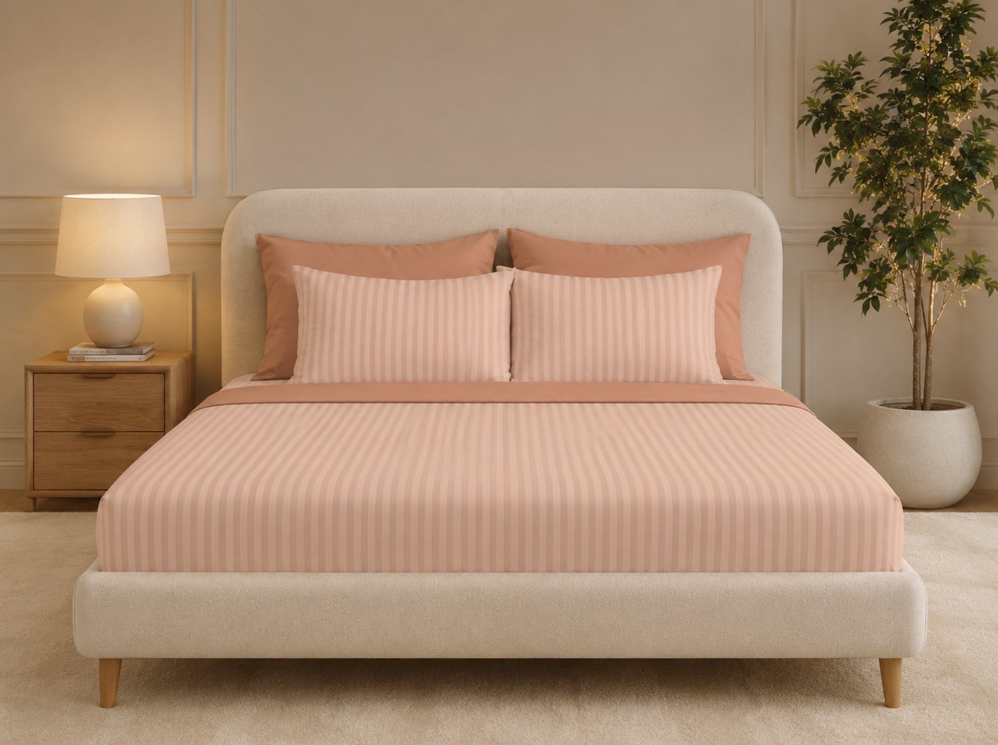 Peach - Linen & Loom Elegance King Size 360° Fitted (72X78 + 9 inches) Elasticated Bedsheet | Elegant Satin Stripes | No-Slip Design | Snug, Secure Grip | Fits Upto 8 Inch Mattress | 200 TC