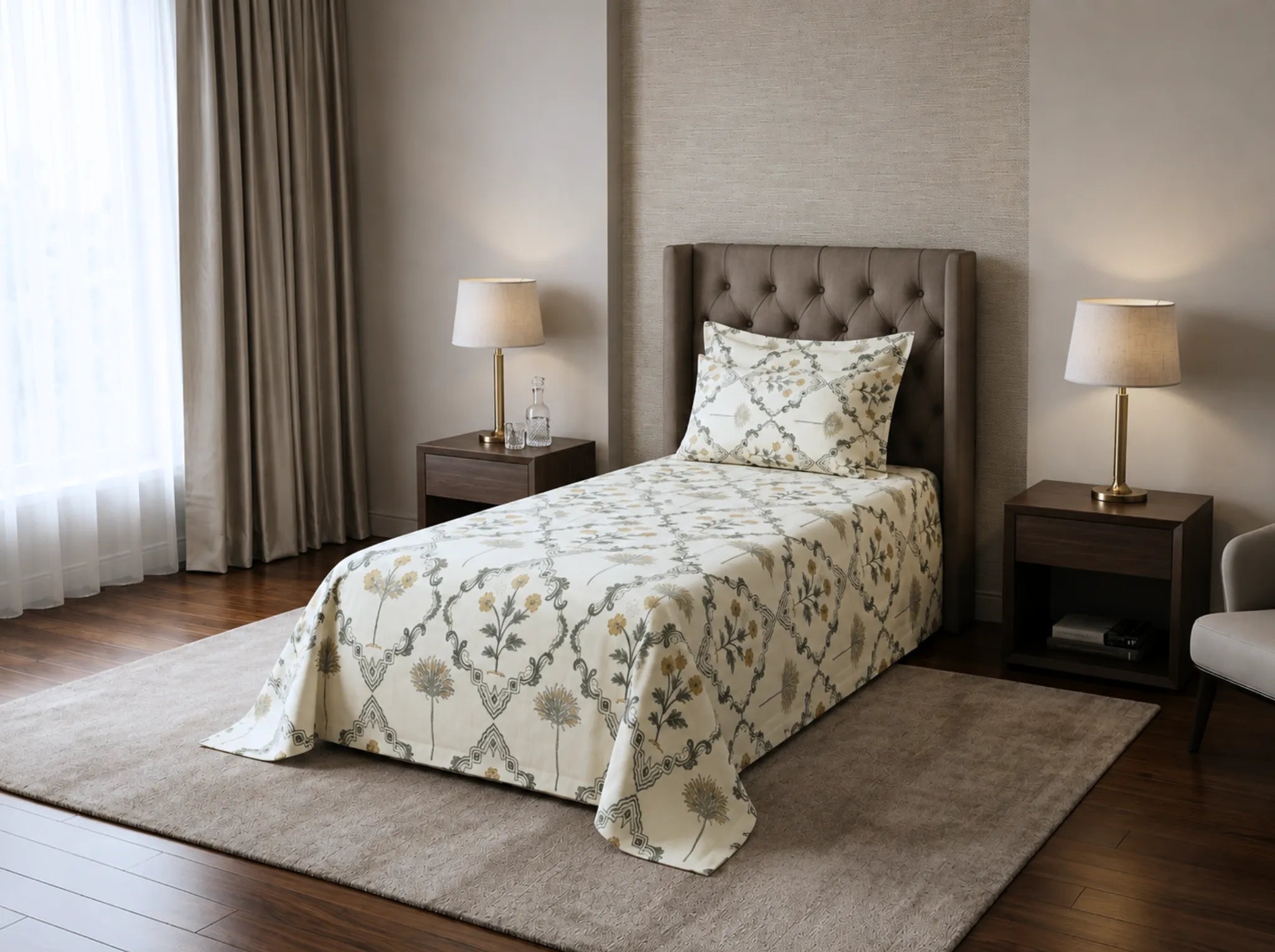 Regal Mustard Garden - Linen & Loom The Natural Collection - 100% Pure Cotton Single Bedsheet (60 x 90 Inches) with 1 Pillow Cover | 240 TC - Soft & Breathable Cotton Bed Sheet for Bedroom