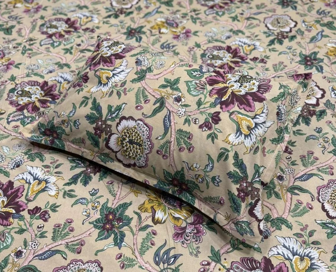 Blossom Haven - Linen & Loom The Natural Collection - 100% Pure Cotton Single Bedsheet (60 x 90 Inches) with 1 Pillow Cover | 240 TC - Soft & Breathable Cotton Bed Sheet for Bedroom