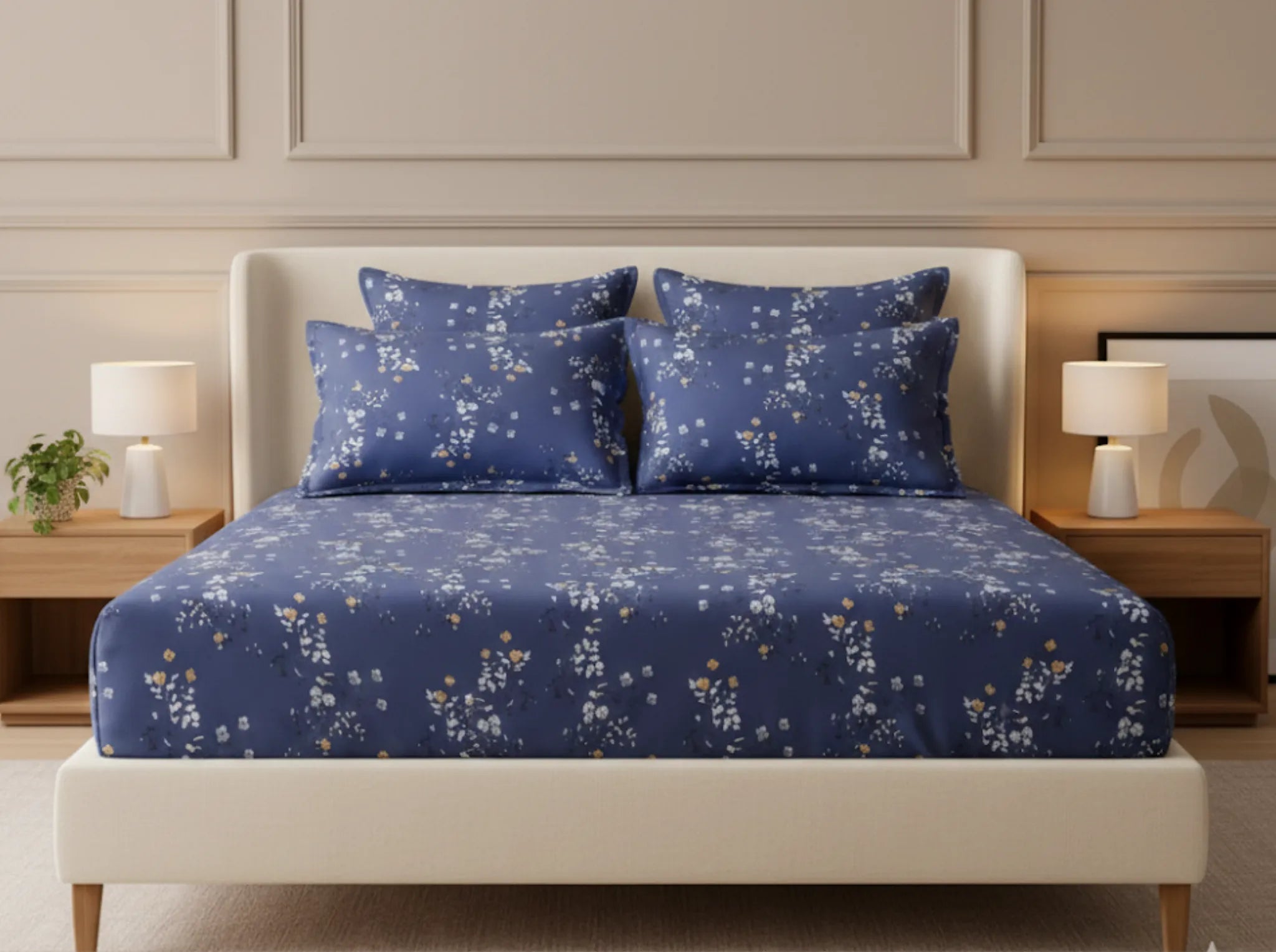 Moonflower Blue - Linen & Loom Pure Comfort Series 360° Elastic Fitted Bedsheet | Soft and Comfortable Bed Linen Set for a Cozy Bedroom | 200 TC | King Size 72x78 inches + 9 inches