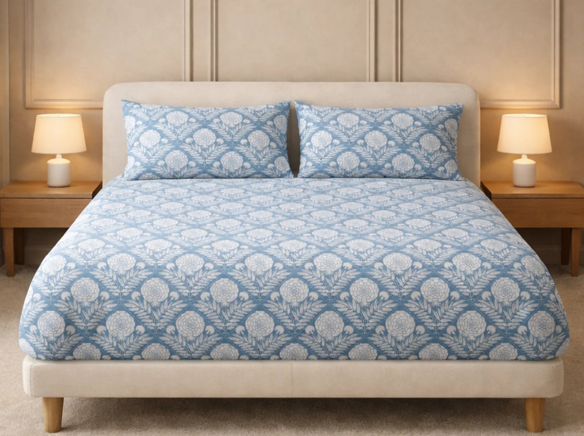 Ivory Indigo - Linen & Loom Pure Comfort Series 360° Elastic Fitted Bedsheet | Soft and Comfortable Bed Linen Set for a Cozy Bedroom | 200 TC | King Size 72x78 inches + 9 inches