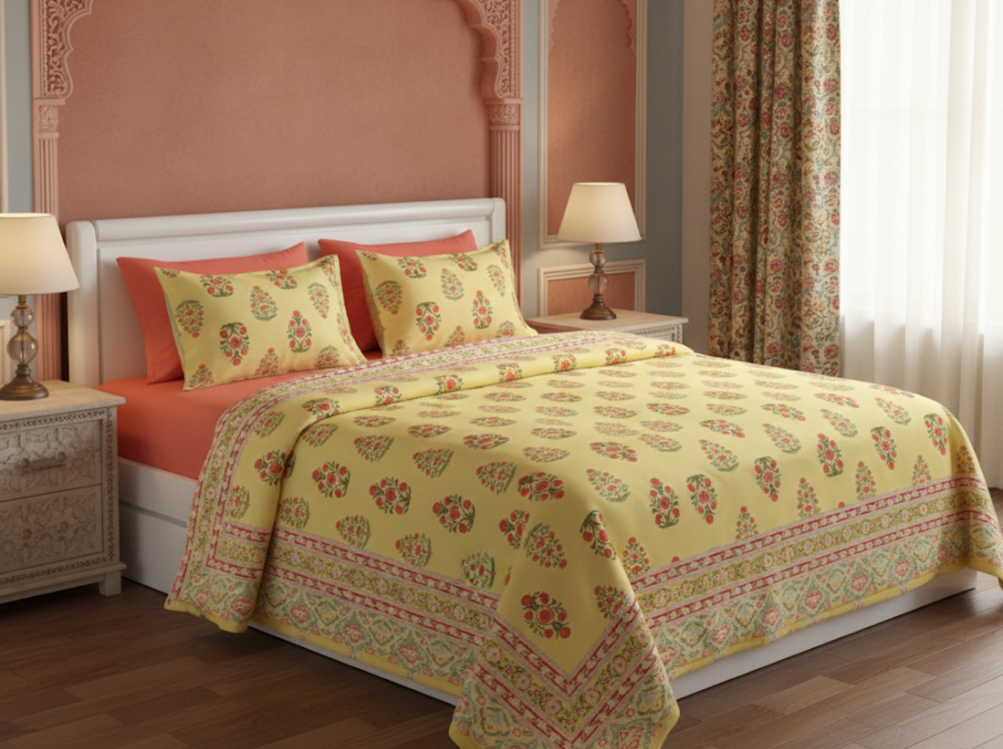 Gulshan Royale-Yellow — Linen & Loom Maharani Motifs Premium 100% Pure Cotton King Size (90x108) Double Bed Bedsheet with 2 Pillow Covers || Floral Printed Elegant Bedroom Bedding Set || 240 TC