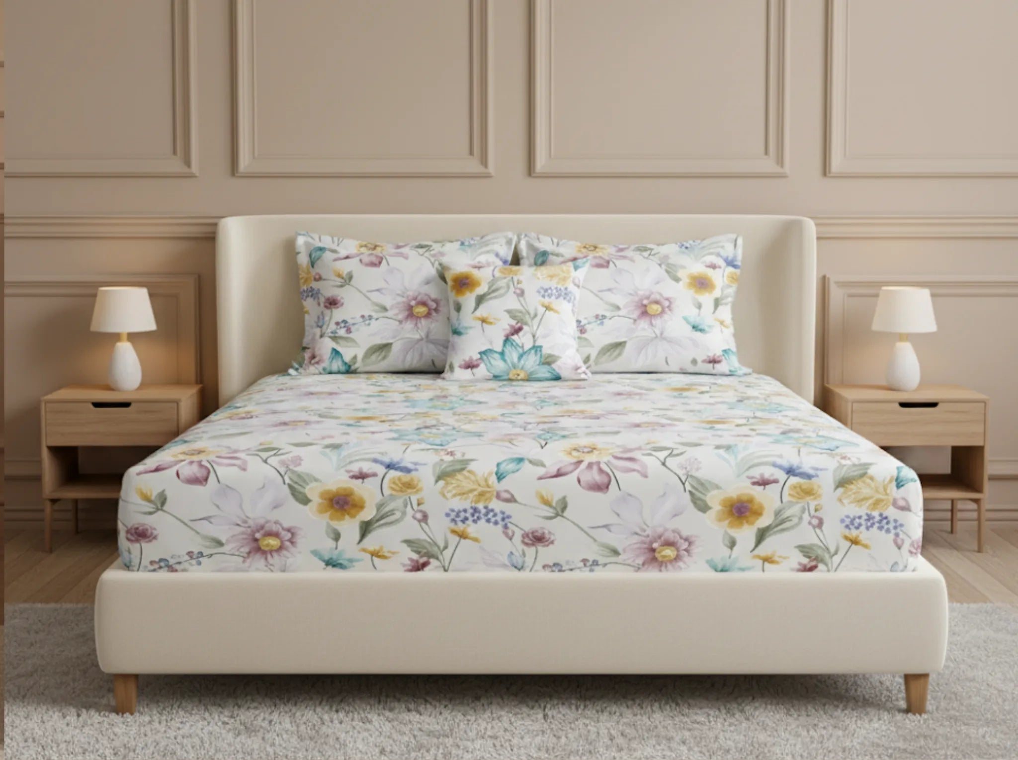 Spring Bloom - Linen & Loom Pure Comfort Series 360° Elastic Fitted Bedsheet | Soft and Comfortable Bed Linen Set for a Cozy Bedroom | 200 TC | King Size 72x78 inches + 9 inches
