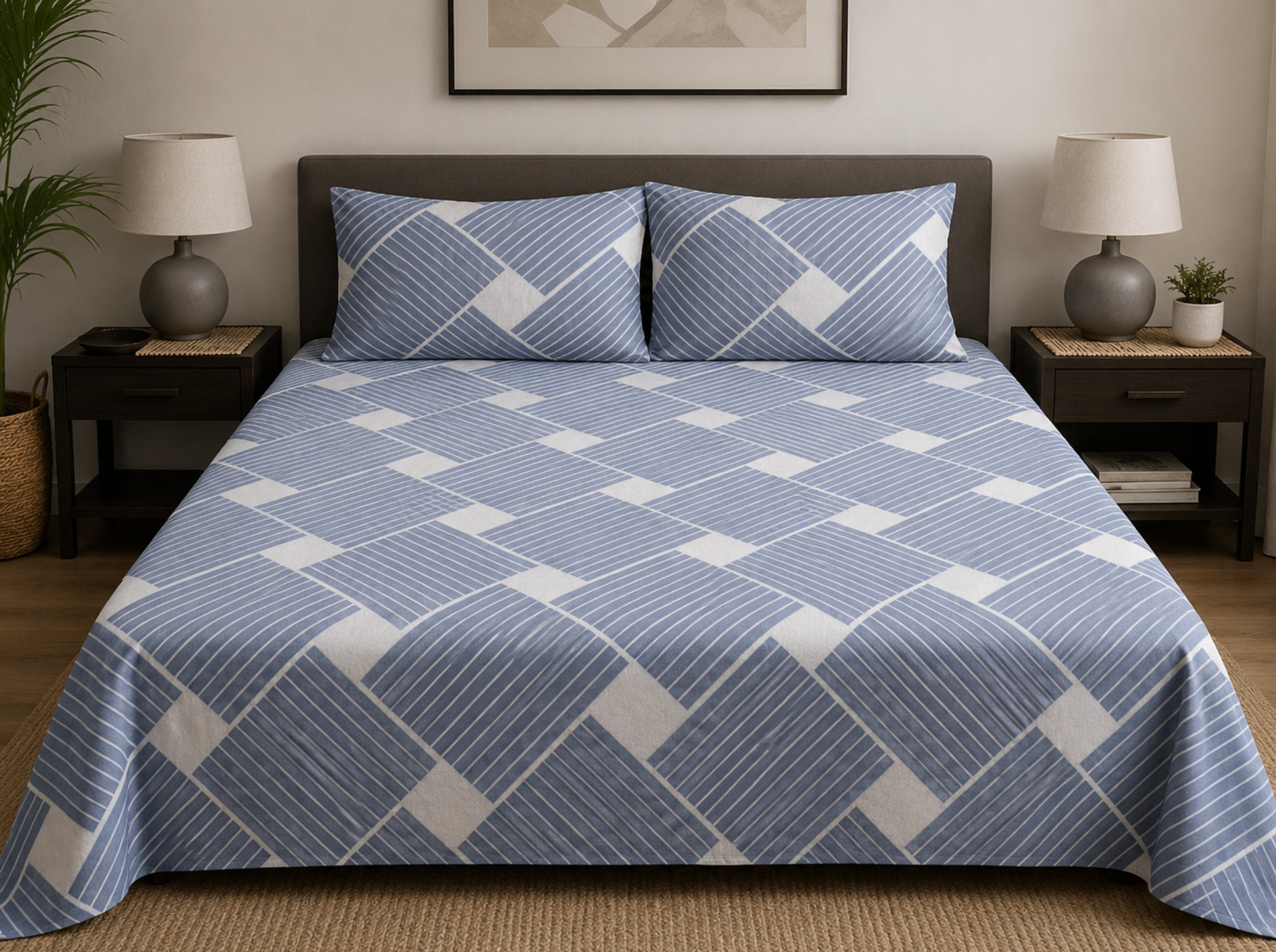 Nordic Lines - Urban Bloom Poly-Cotton Queen Size Bedsheet Set (90x100 Inches) with 2 Matching Pillow Covers - Wrinkle-Free Comfort