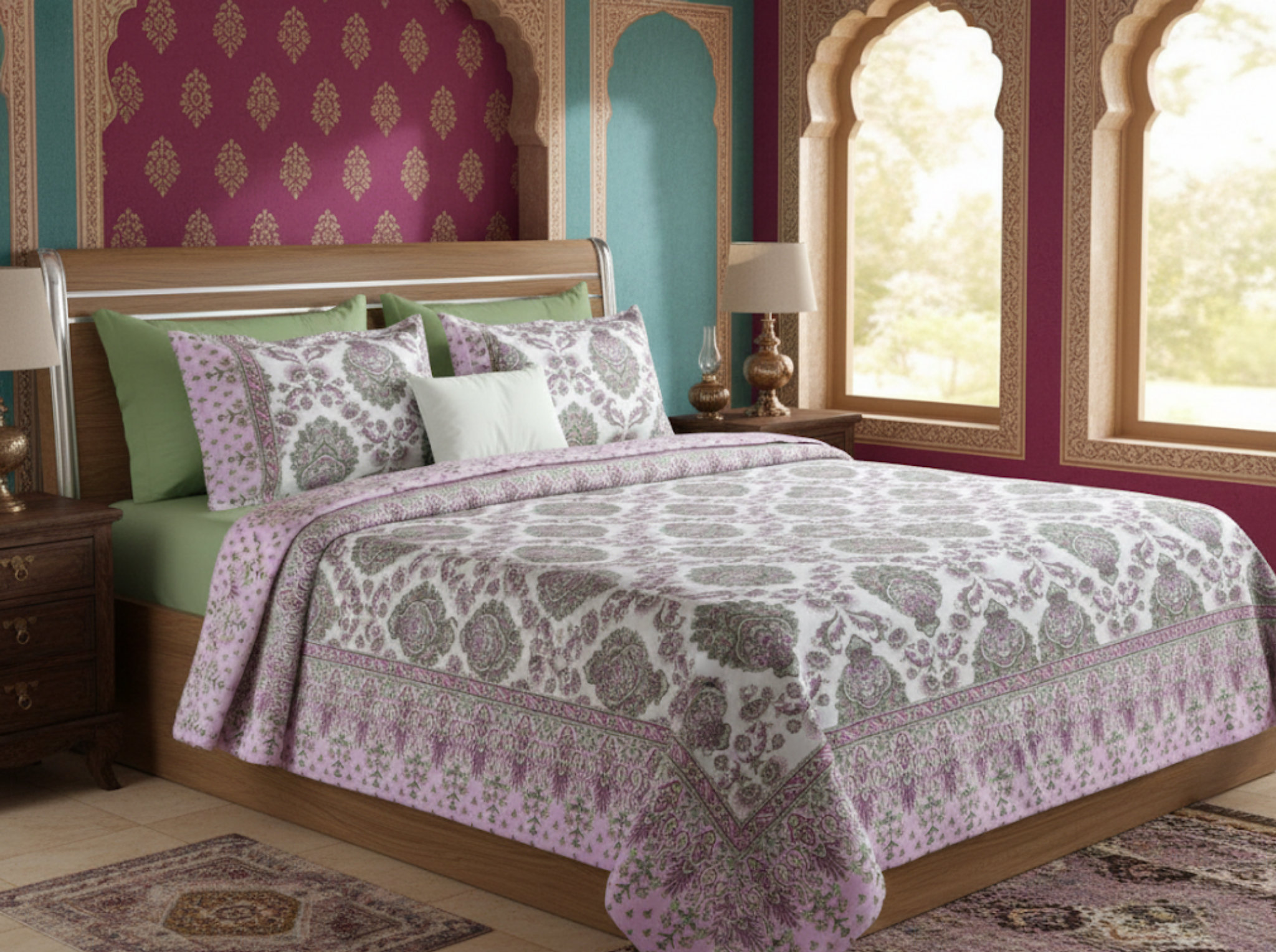 Maharani Muse-Lilac — Linen & Loom Maharani Motifs Premium 100% Pure Cotton King Size (90x108) Double Bed Bedsheet with 2 Pillow Covers || Floral Printed Elegant Bedroom Bedding Set || 240 TC