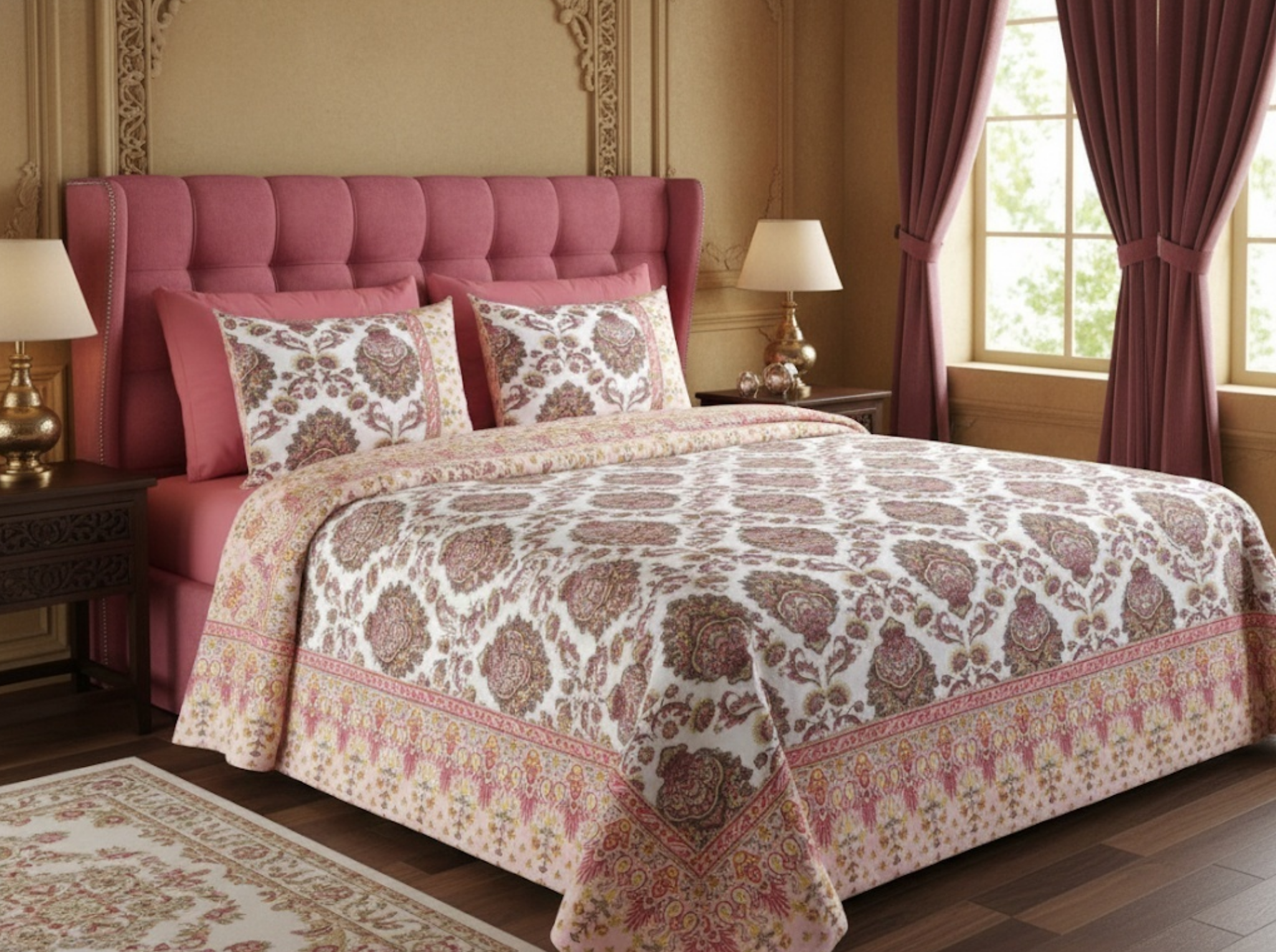Maharani Muse-Peach — Linen & Loom Maharani Motifs Premium 100% Pure Cotton King Size (90x108) Double Bed Bedsheet with 2 Pillow Covers || Floral Printed Elegant Bedroom Bedding Set || 240 TC