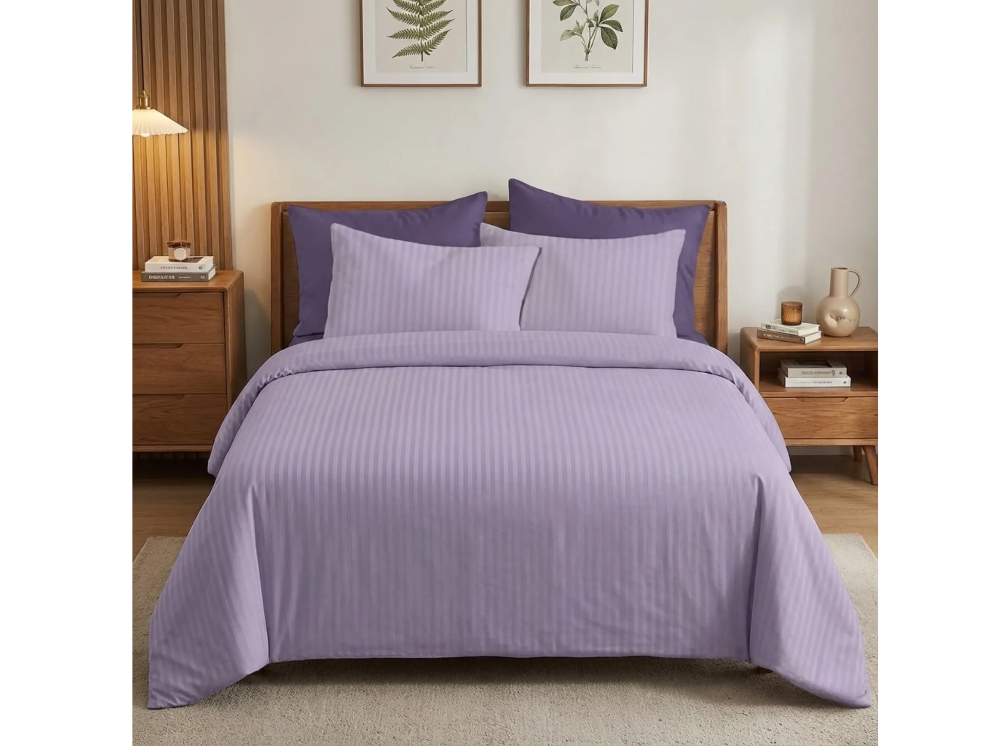 Lavender - Linen & Loom Elegance Series Super King Size Bedsheet with 2 Pillow Covers | Luxury Striped Cotton Blend Bedsheet Set 200 TC | Soft, Breathable & Hotel-Style Finish (108 x 108 inches)