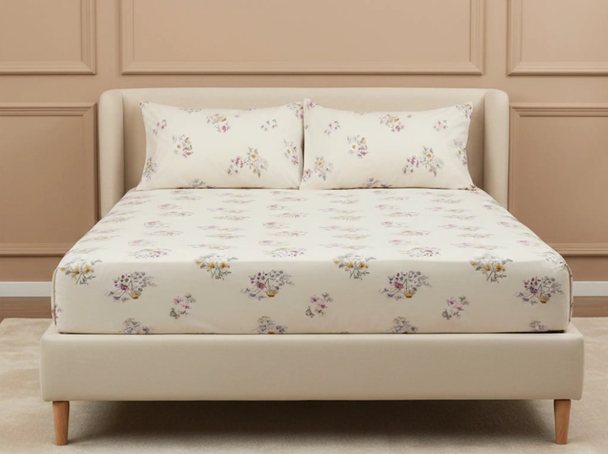 Porcelain Petals - Linen & Loom Pure Comfort Series 360° Elastic Fitted Bedsheet | Soft and Comfortable Bed Linen Set for a Cozy Bedroom | 200 TC | King Size 72x78 inches + 9 inches
