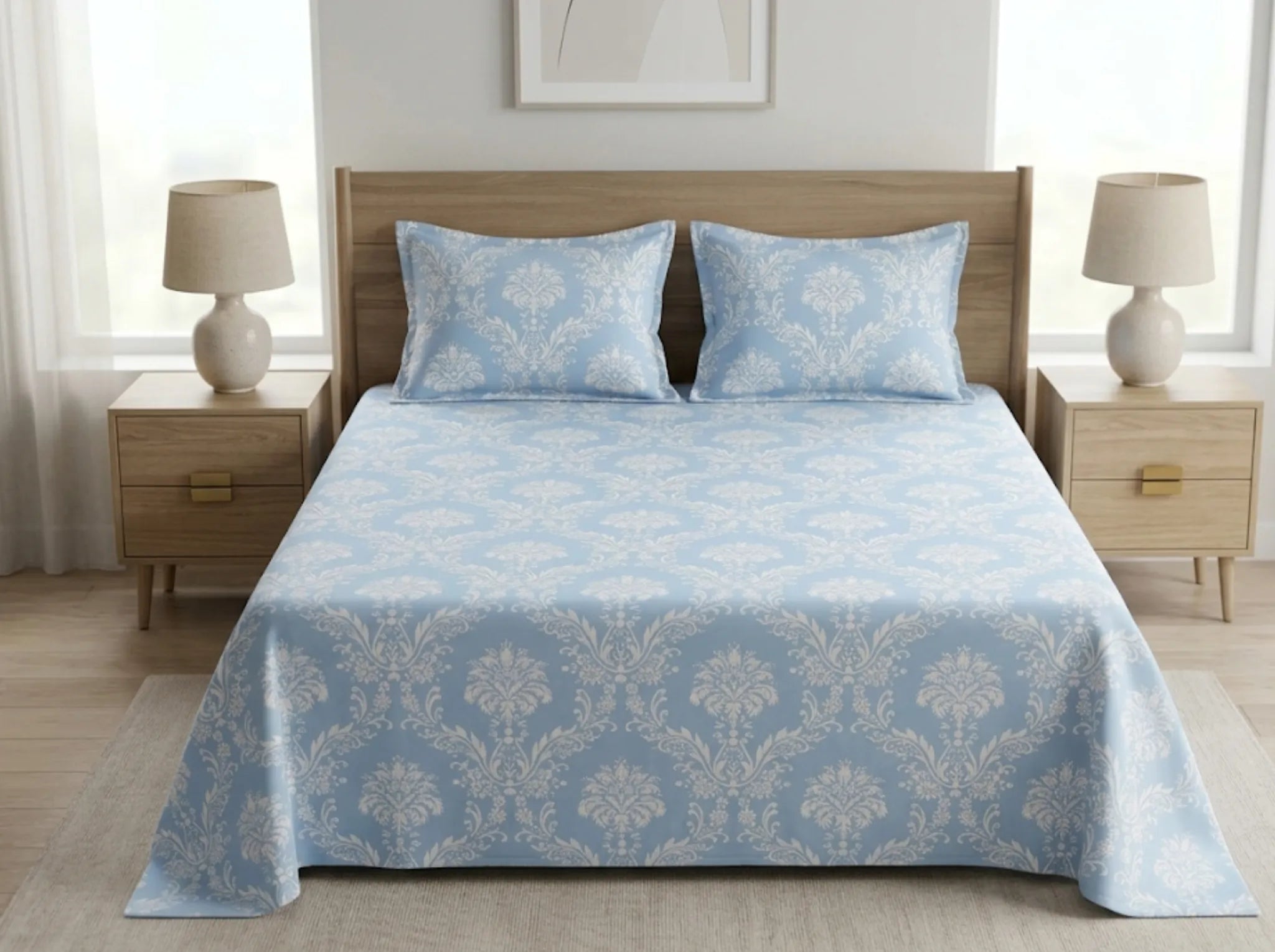 Celeste Heritage - Linen & Loom Serenity Series Super King Size (108x108 inches) Double Bedsheet with 2 Pillow Covers || Soft Breathable Cotton Feel Bedding Set with Elegant Geometric Design || TC 240