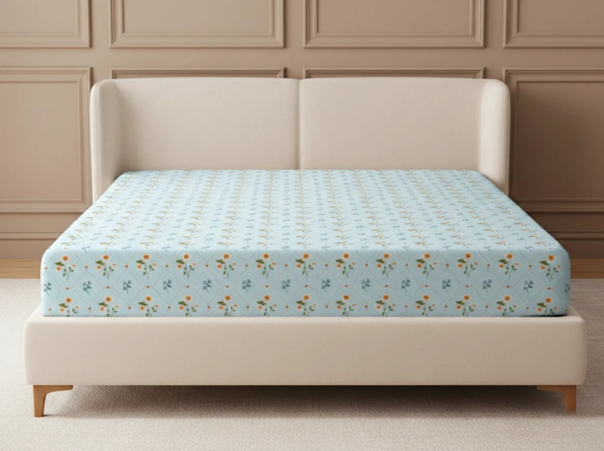 Daisy Dream - Linen & Loom Pure Comfort Series 360° Elastic Fitted Bedsheet | Soft and Comfortable Bed Linen Set for a Cozy Bedroom | 200 TC | King Size 72x78 inches + 9 inches