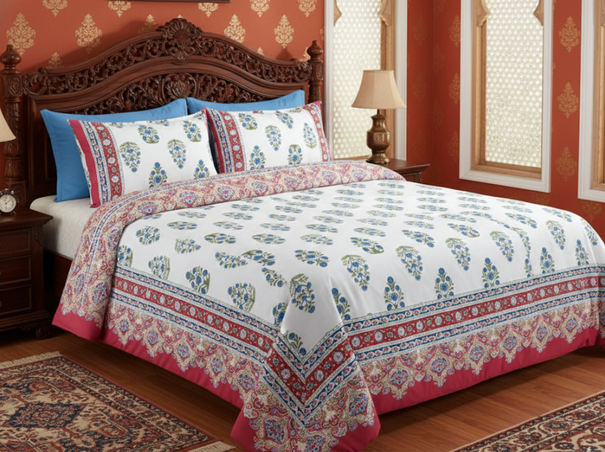 Gulshan Royale-Red — Linen & Loom Maharani Motifs Premium 100% Pure Cotton King Size (90x108) Double Bed Bedsheet with 2 Pillow Covers || Floral Printed Elegant Bedroom Bedding Set || 240 TC