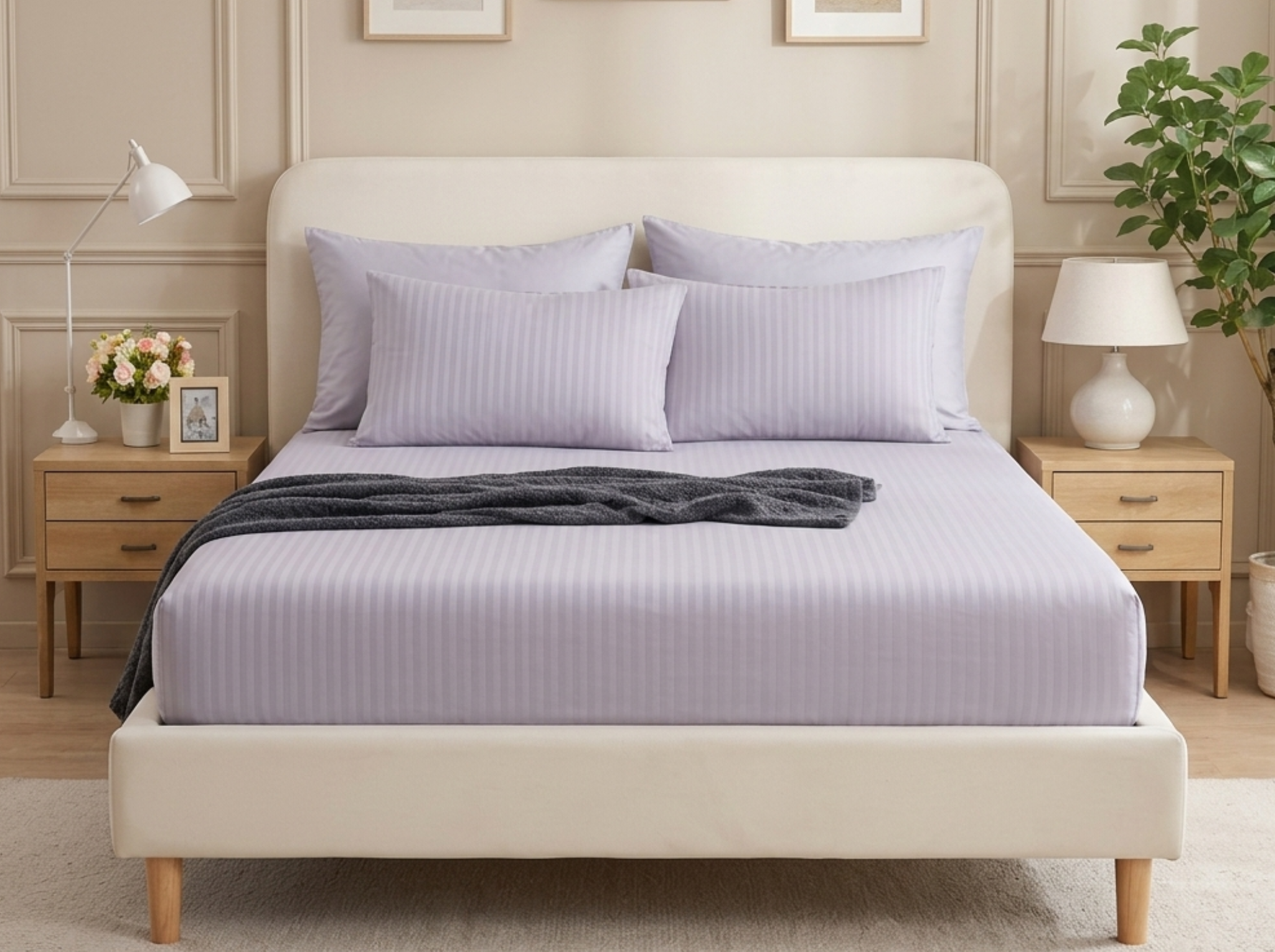 Light Grey - Linen & Loom Elegance King Size 360° Fitted (72X78 + 9 inches) Elasticated Bedsheet | Elegant Satin Stripes | No-Slip Design | Snug, Secure Grip | Fits Upto 8 Inch Mattress | 200 TC