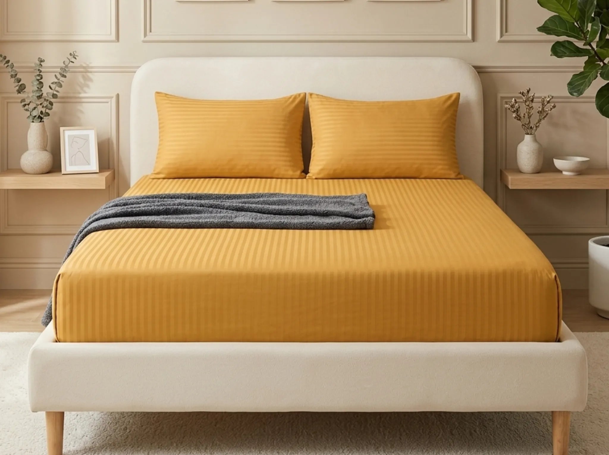 Yellow - Linen & Loom Elegance King Size 360° Fitted (72X78 + 9 inches) Elasticated Bedsheet | Elegant Satin Stripes | No-Slip Design | Snug, Secure Grip | Fits Upto 8 Inch Mattress | 200 TC