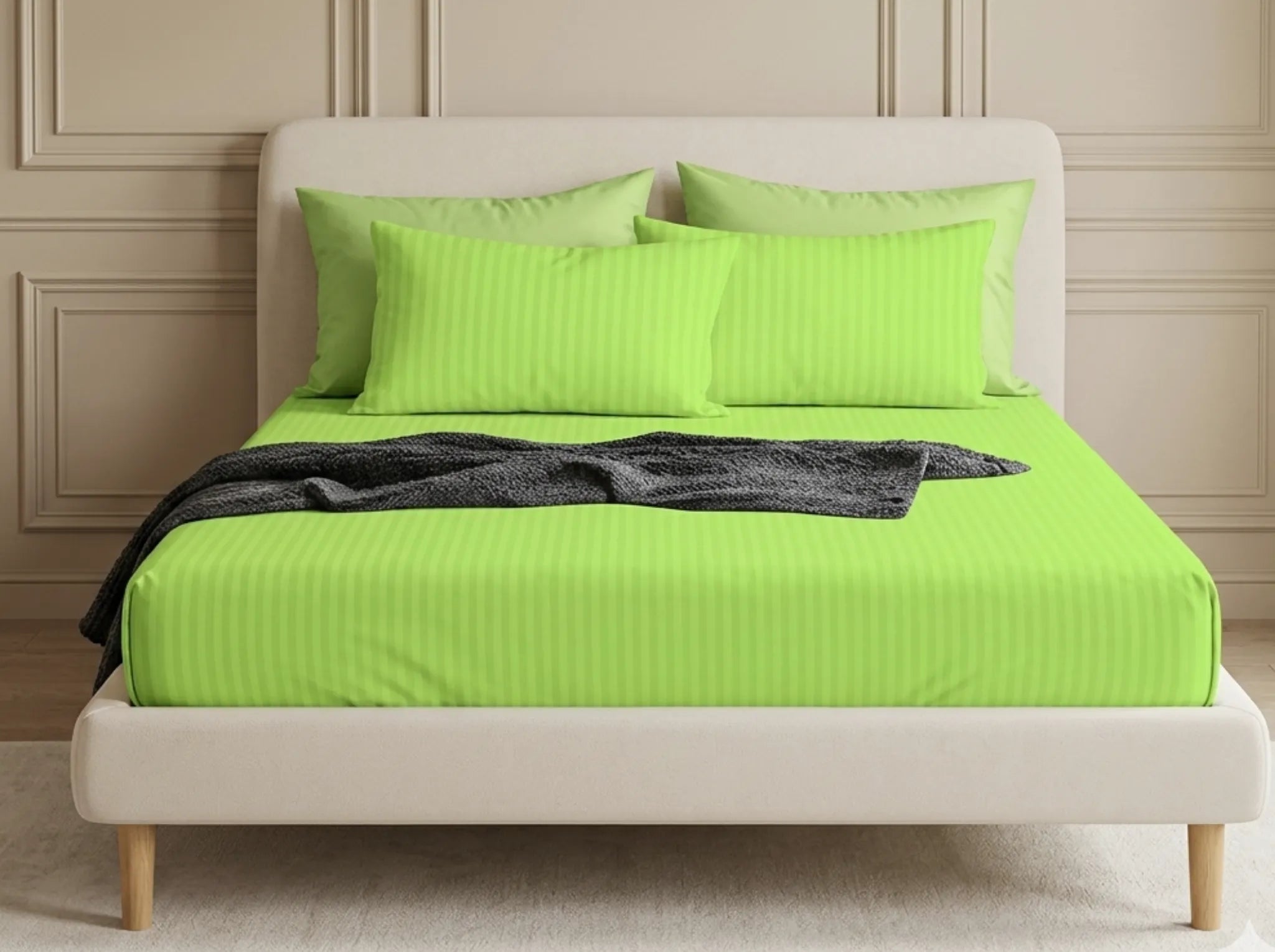 Neon Green - Linen & Loom Elegance King Size 360° Fitted (72X78 + 9 inches) Elasticated Bedsheet | Elegant Satin Stripes | No-Slip Design | Snug, Secure Grip | Fits Upto 8 Inch Mattress | 200 TC