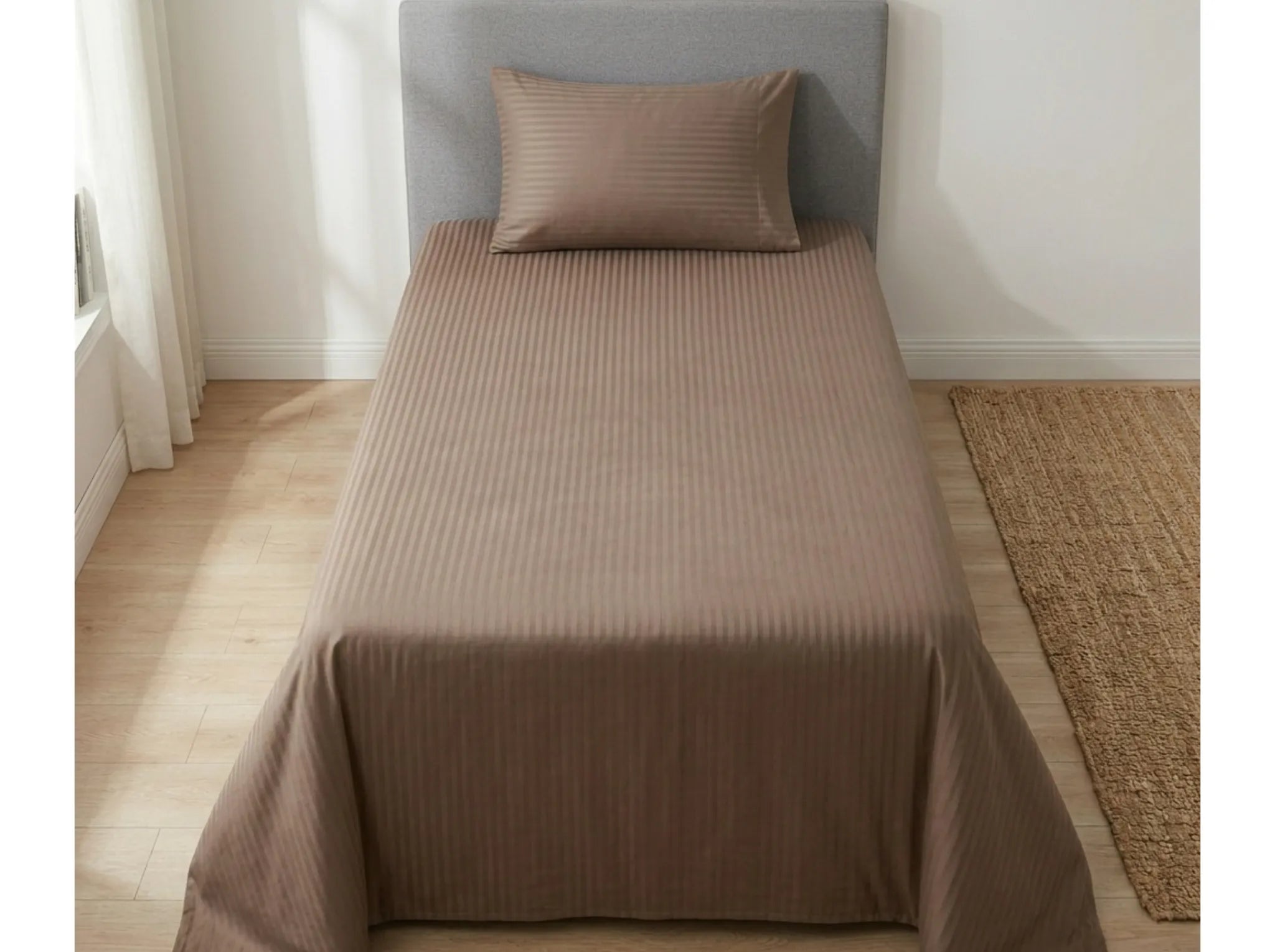 Light Brown - Linen & Loom Elegance Series (60x90 inches) Bedsheet with 1 Pillow Cover | Luxury Striped Cotton Blend Bedsheet Set | Soft, Breathable & Hotel-Style Finish | TC 200