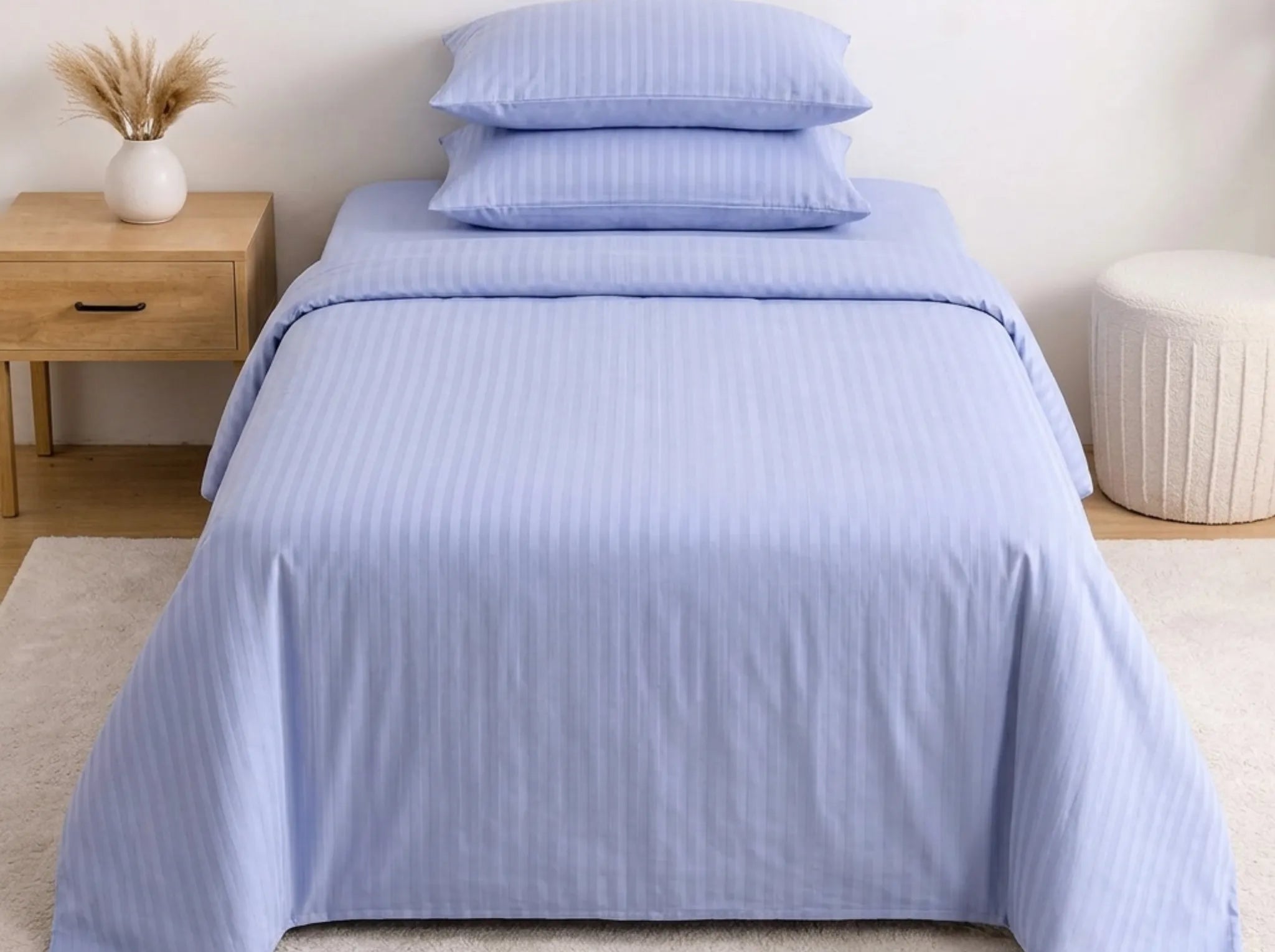 Powder Blue - Linen & Loom Elegance Series (60x90 inches) Bedsheet with 1 Pillow Cover | Luxury Striped Cotton Blend Bedsheet Set | Soft, Breathable & Hotel-Style Finish | TC 200
