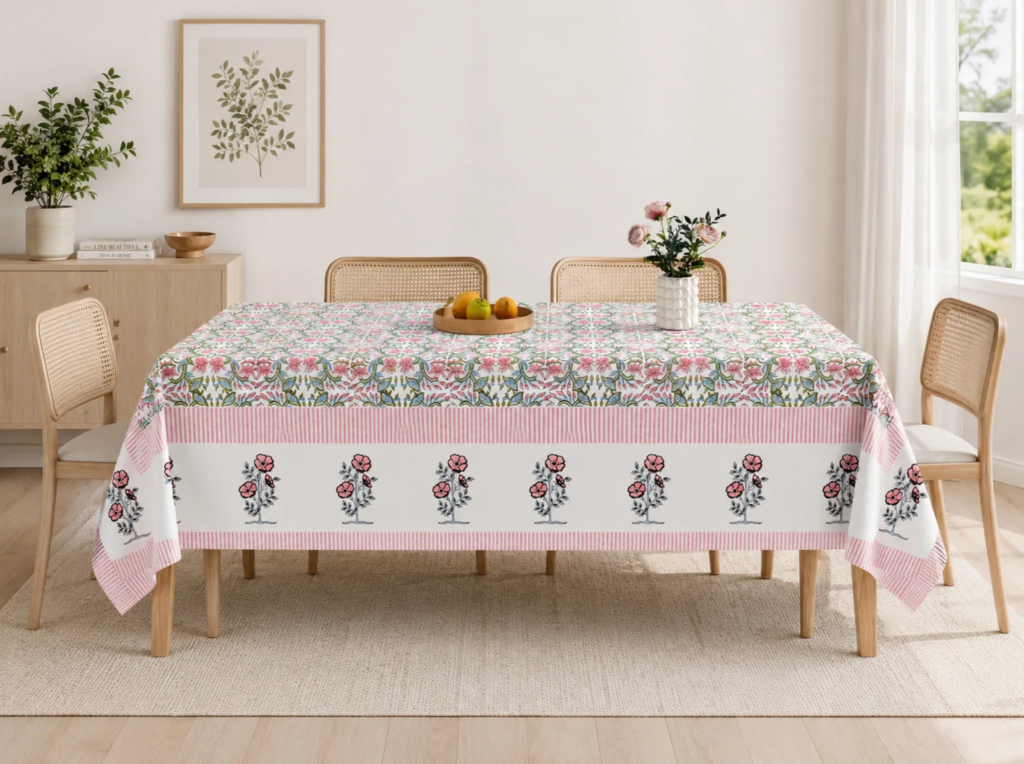 Rose Meadow - Linen & Loom Rajwada Heritage 6-Seater Table Cover | 100% Premium Cotton Slub | 200 TC | 160 GSM | 1.5 x 2.25 Meters