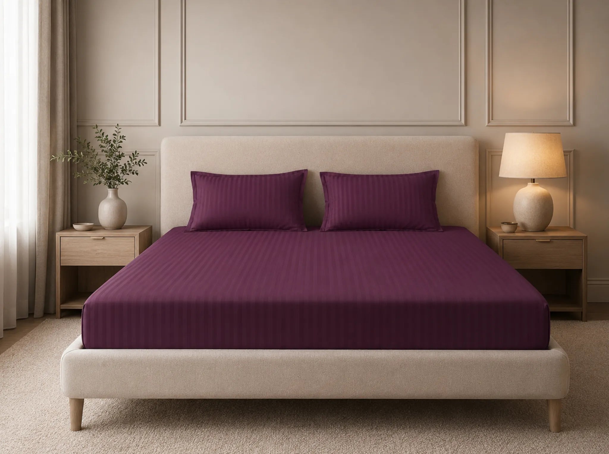 Wine - Linen & Loom Elegance King Size 360° Fitted (72X78 + 9 inches) Elasticated Bedsheet | Elegant Satin Stripes | No-Slip Design | Snug, Secure Grip | Fits Upto 8 Inch Mattress | 200 TC