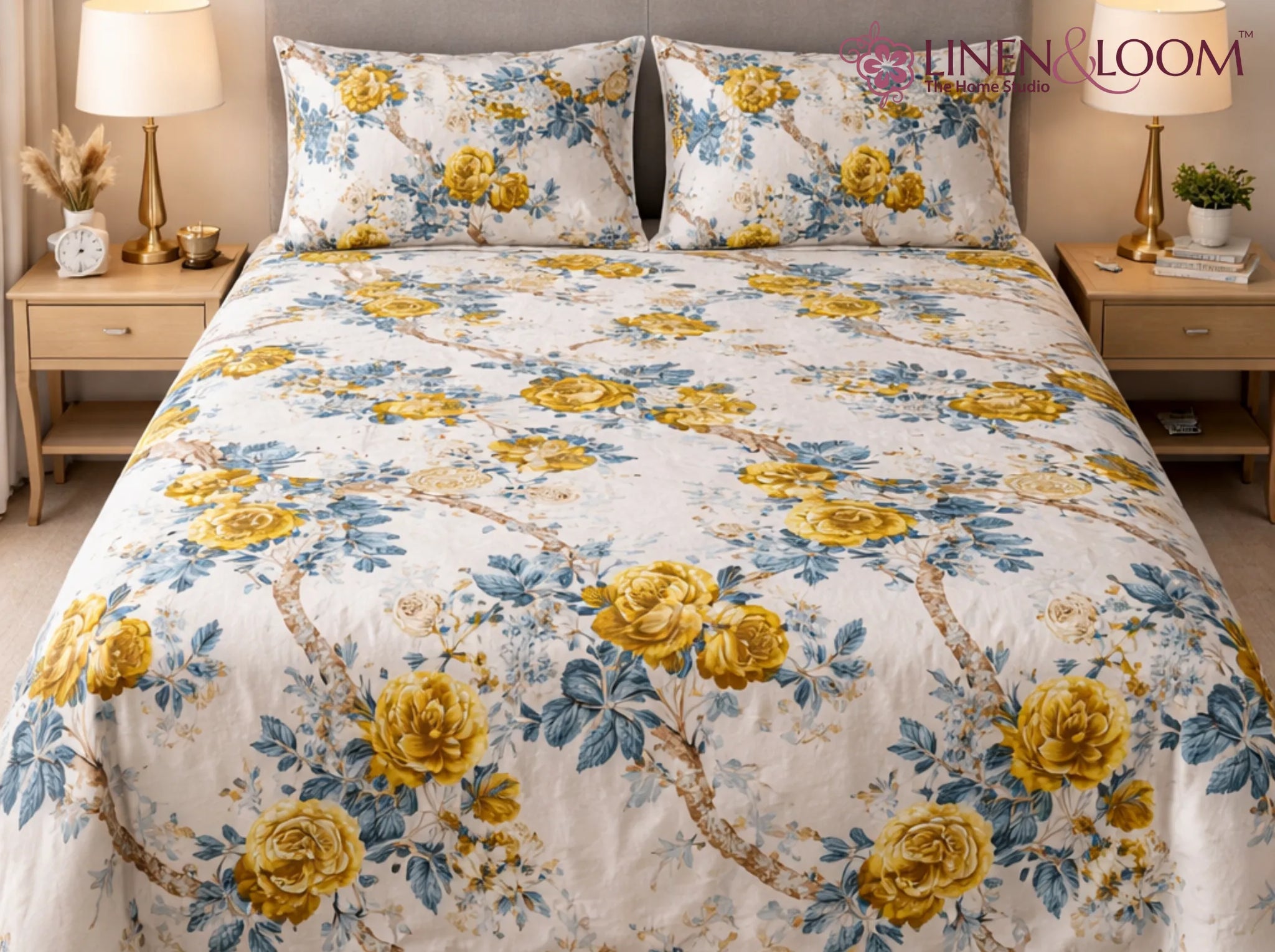 Blueleaf Blossom - Linen & Loom Natural Collection - Super King (100x108) 100% Pure Cotton Bedsheet with 2 Pillow Covers | Soft Breathable Bedspread for Home Decor | TC 240