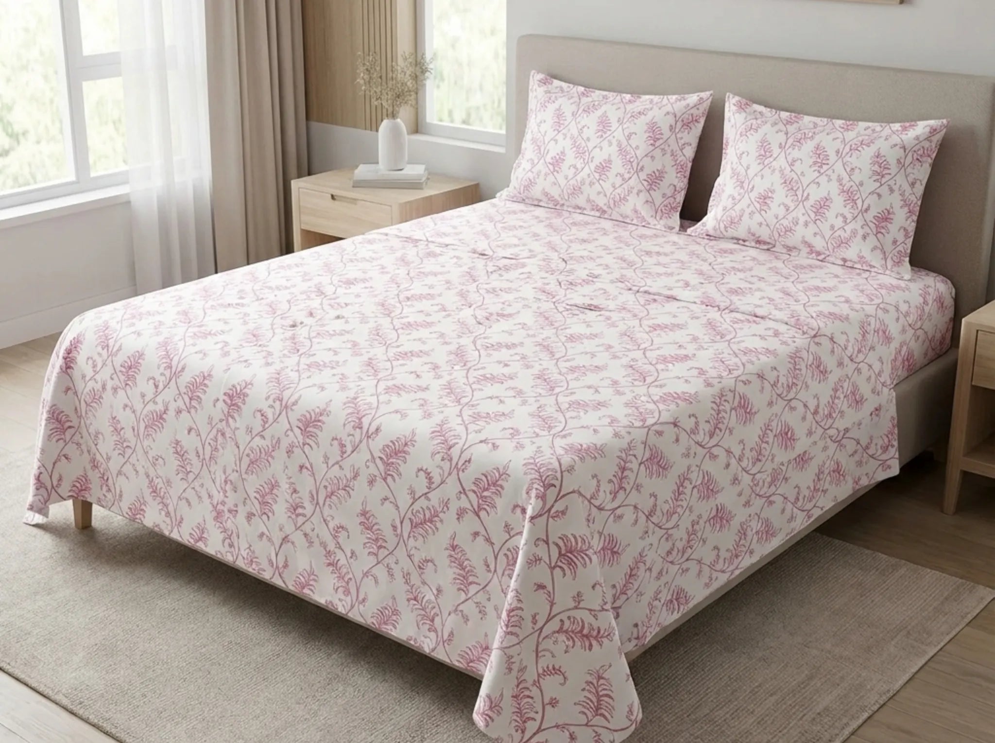 Petal Vine - Linen & Loom Serenity Series Super King Size (108x108 inches) Double Bedsheet with 2 Pillow Covers || Soft Breathable Cotton Feel Bedding Set with Elegant Geometric Design || TC 240