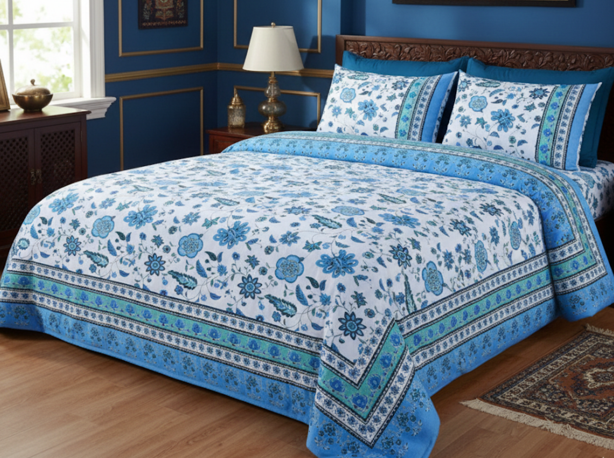 Floral Darbar-Blue — Linen & Loom Maharani Motifs Premium 100% Pure Cotton King Size (90x108) Double Bed Bedsheet with 2 Pillow Covers || Floral Printed Elegant Bedroom Bedding Set || 240 TC