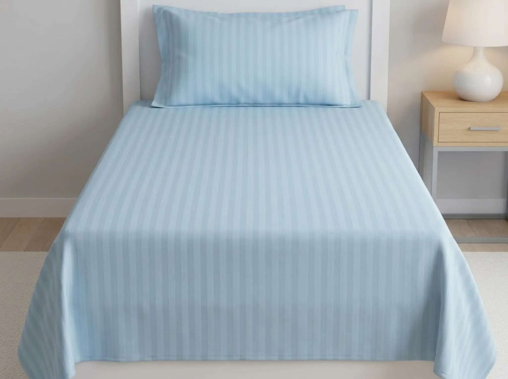 Light Blue - Linen & Loom Elegance Series (60x90 inches) Bedsheet with 1 Pillow Cover | Luxury Striped Cotton Blend Bedsheet Set | Soft, Breathable & Hotel-Style Finish | TC 200