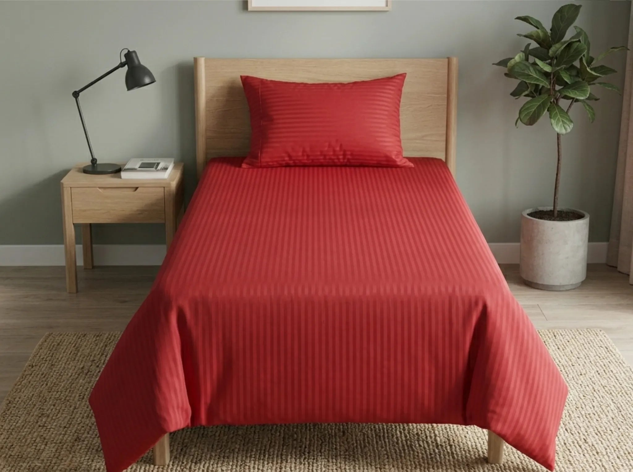Bright Red - Linen & Loom Elegance Series (60x90 inches) Bedsheet with 1 Pillow Cover | Luxury Striped Cotton Blend Bedsheet Set | Soft, Breathable & Hotel-Style Finish | TC 200