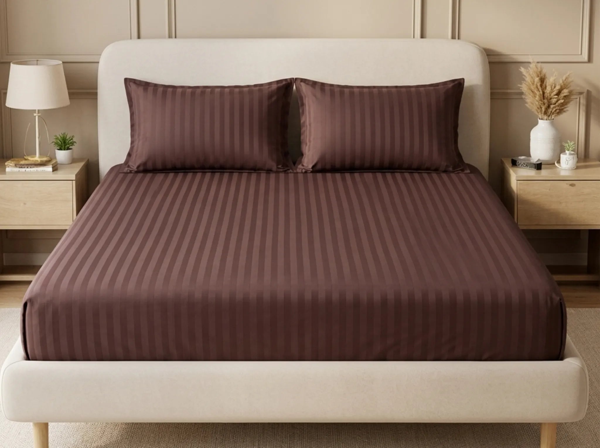 Brown - Linen & Loom Elegance King Size 360° Fitted (72X78 + 9 inches) Elasticated Bedsheet | Elegant Satin Stripes | No-Slip Design | Snug, Secure Grip | Fits Upto 8 Inch Mattress | 200 TC