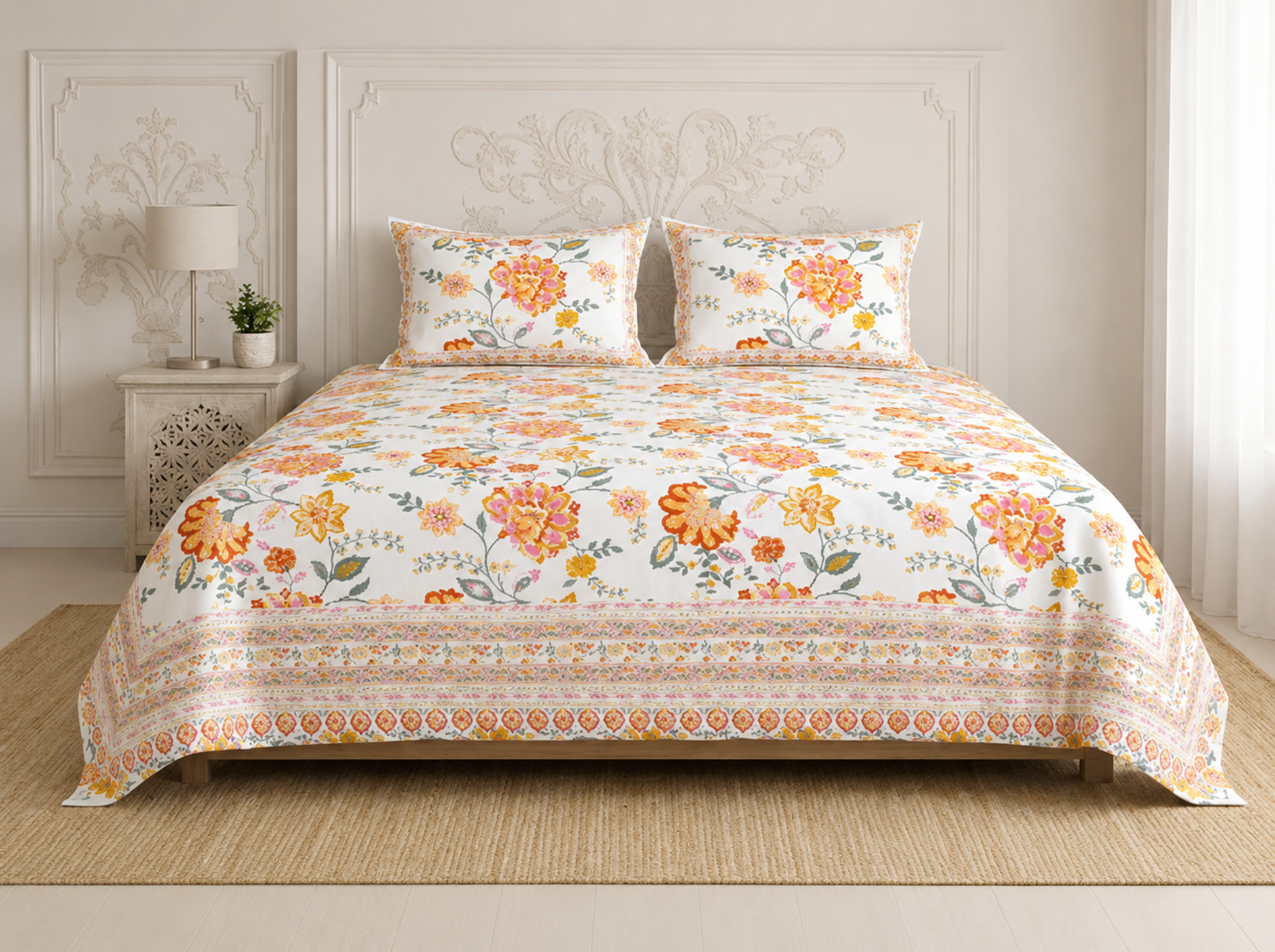 Gulbahar Classic-Orange — Linen & Loom Jaipur Heritage Super King Size (108 x 108 inches) 100% Pure Cotton Bedsheet with 2 Pillow Covers | Soft & Breathable Bed Cover for Home Decor | 240 TC