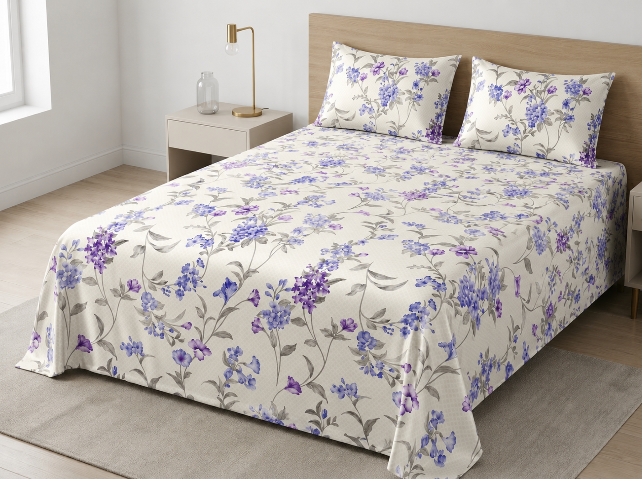 Lavender Edit - Urban Bloom Poly-Cotton Queen Size Bedsheet Set (90x100 Inches) with 2 Matching Pillow Covers - Wrinkle-Free Comfort