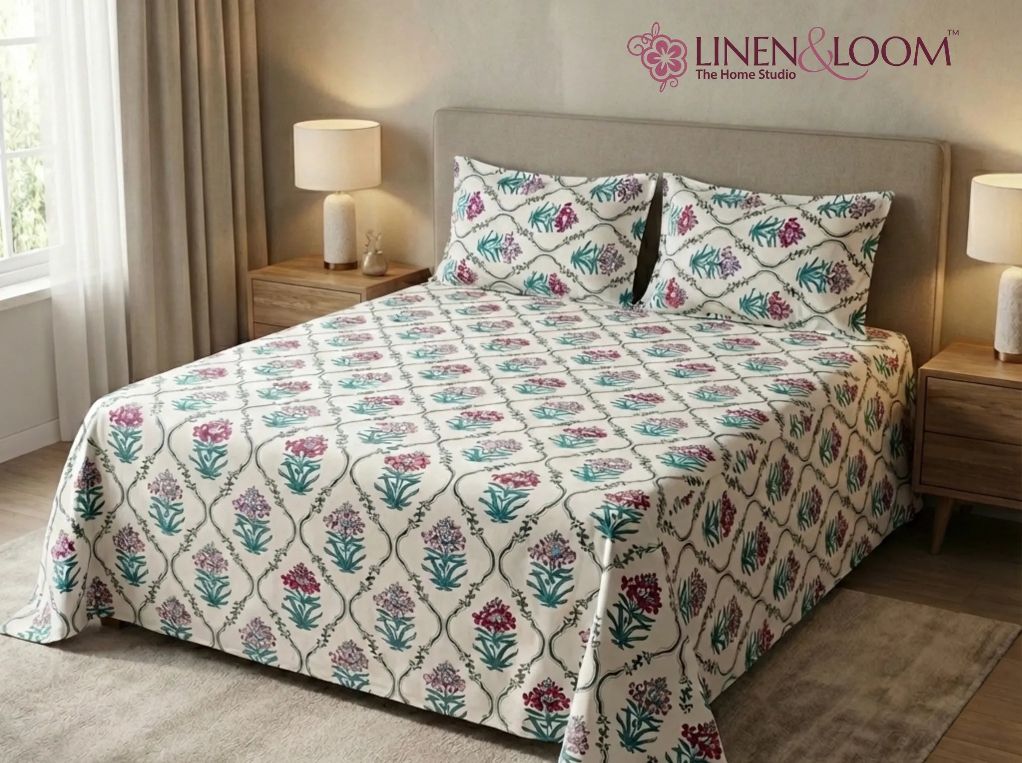 Provence Cranberry Mist - Linen & Loom Natural Collection - Super King (100x108) 100% Pure Cotton Bedsheet with 2 Pillow Covers | Soft Breathable Bedspread for Home Decor | TC 240