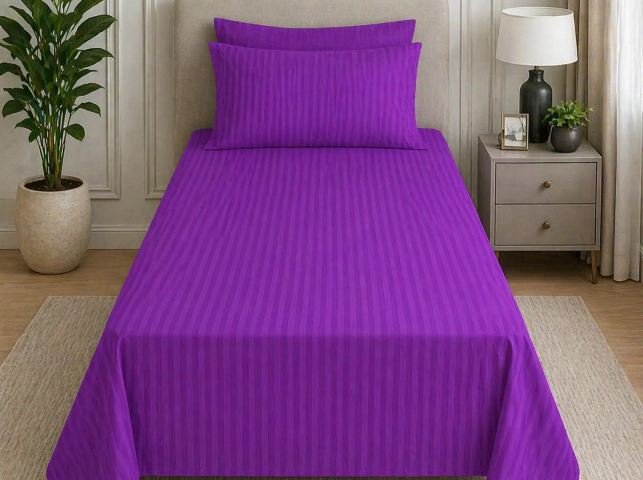Purple - Linen & Loom Elegance Series (60x90 inches) Bedsheet with 1 Pillow Cover | Luxury Striped Cotton Blend Bedsheet Set | Soft, Breathable & Hotel-Style Finish | TC 200