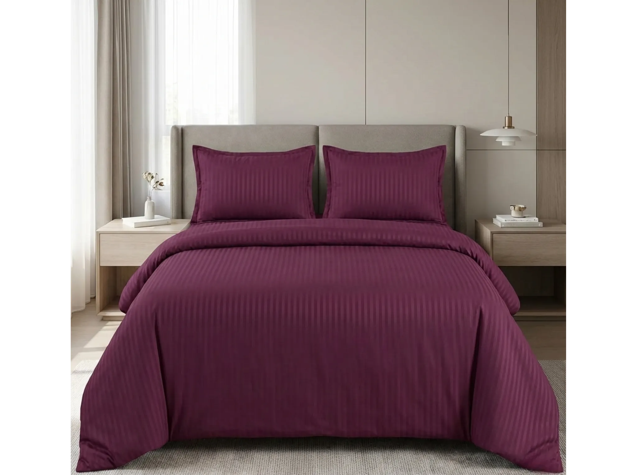 Wine - Linen & Loom Elegance Series Super King Size Bedsheet with 2 Pillow Covers | Luxury Striped Cotton Blend Bedsheet Set 200 TC | Soft, Breathable & Hotel-Style Finish (108 x 108 inches)