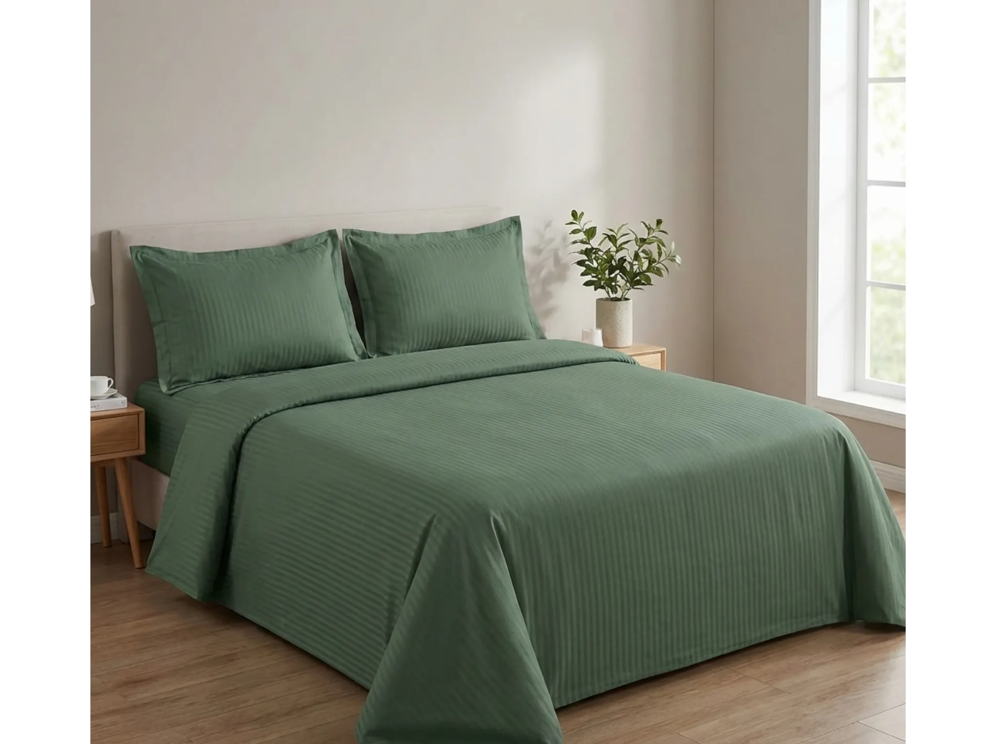 Mediterranean Green - Linen & Loom Elegance Series King Size Bedsheet (90 x 100 Inches) with 2 Pillow Covers | Luxury Striped Cotton Blend | 200 TC | Soft, Breathable & Hotel-Style Finish