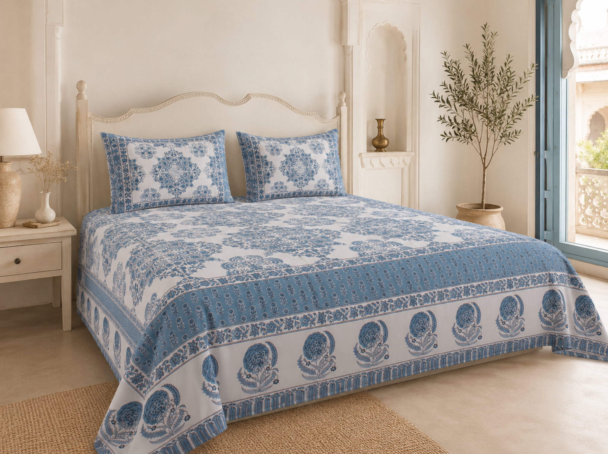 Ornate Heritage_Blue — Linen & Loom Jaipur Heritage Super King Size (108 x 108 inches) 100% Pure Cotton Bedsheet with 2 Pillow Covers | Soft & Breathable Bed Cover for Home Decor | 240 TC