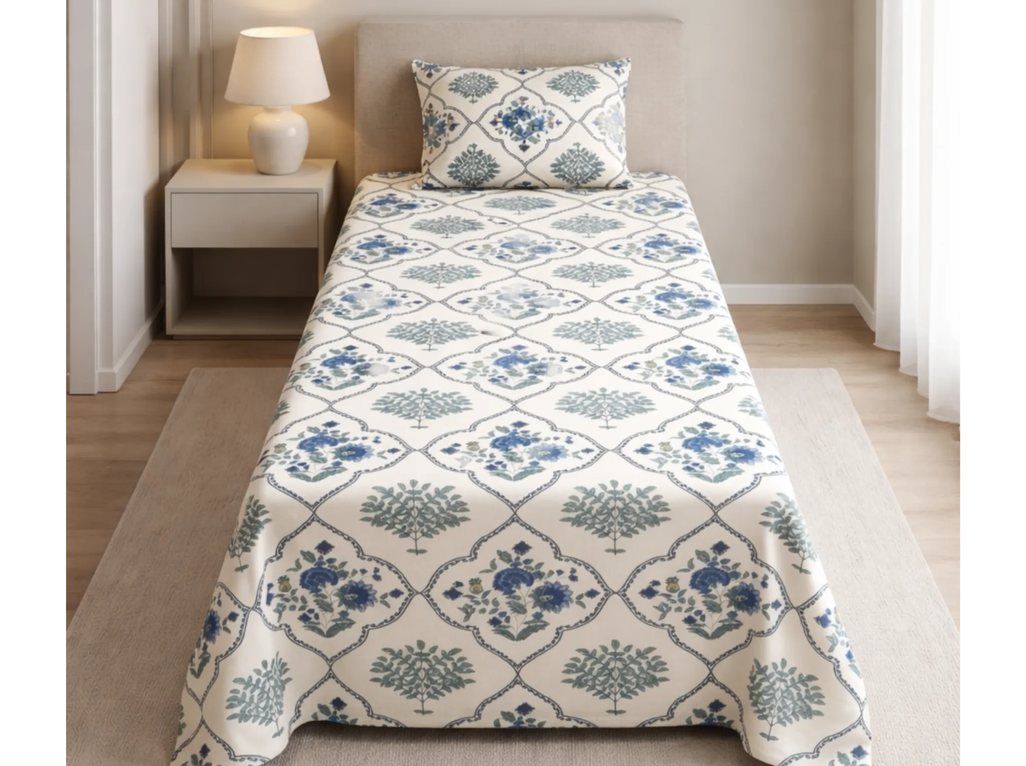 Maharani Bagh - Blue - Linen & Loom The Natural Collection - 100% Pure Cotton Single Bedsheet (60 x 90 Inches) with 1 Pillow Cover | 240 TC - Soft & Breathable Cotton Bed Sheet for Bedroom