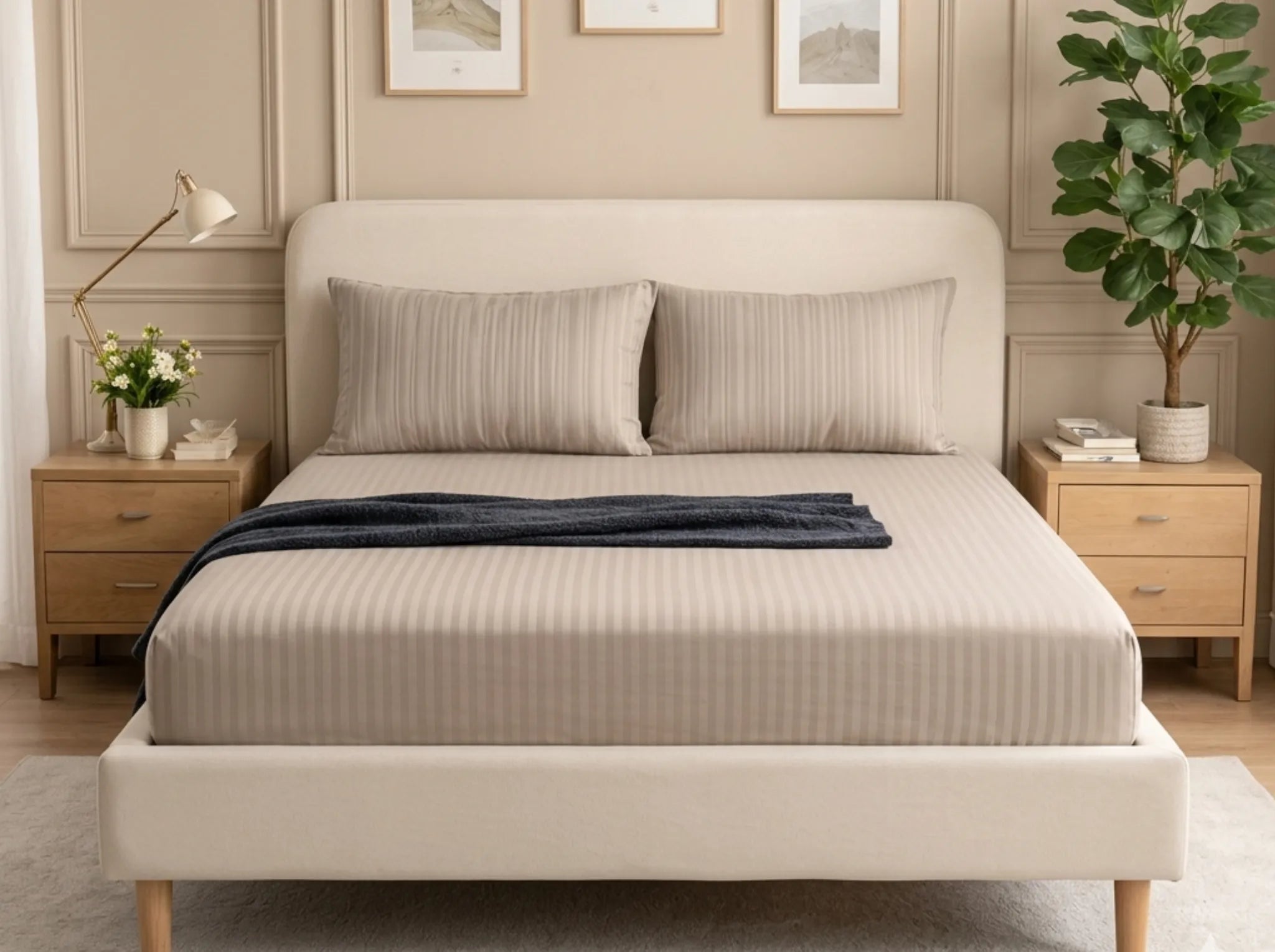 Beige - Linen & Loom Elegance King Size 360° Fitted (72X78 + 9 inches) Elasticated Bedsheet | Elegant Satin Stripes | No-Slip Design | Snug, Secure Grip | Fits Upto 8 Inch Mattress | 200 TC