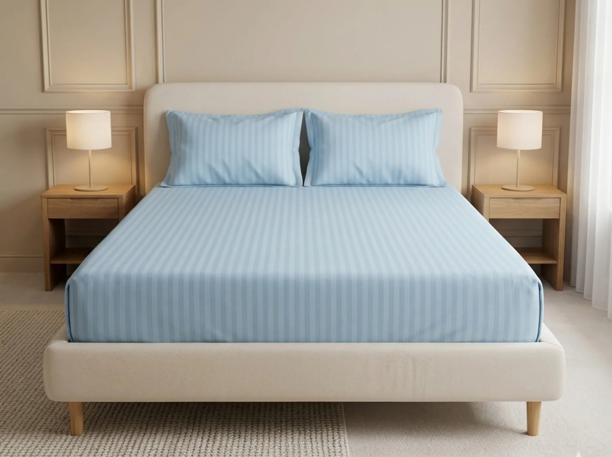 Light Blue - Linen & Loom Elegance King Size 360° Fitted (72X78 + 9 inches) Elasticated Bedsheet | Elegant Satin Stripes | No-Slip Design | Snug, Secure Grip | Fits Upto 8 Inch Mattress | 200 TC