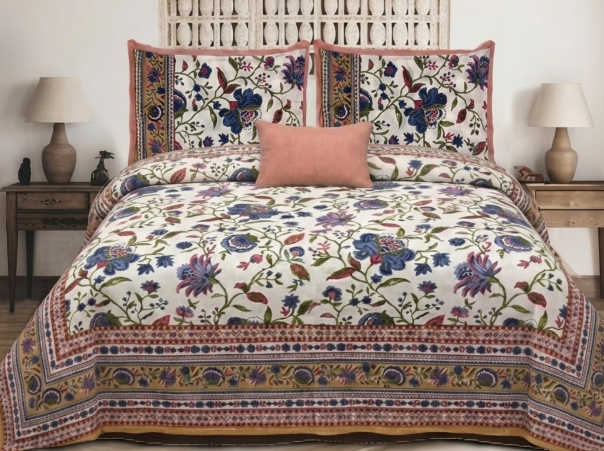 Gulistan Royale - Blue — Linen & Loom Maharani Motifs Premium 100% Pure Cotton King Size (90x108) Double Bed Bedsheet with 2 Pillow Covers || Floral Printed Elegant Bedroom Bedding Set || 240 TC