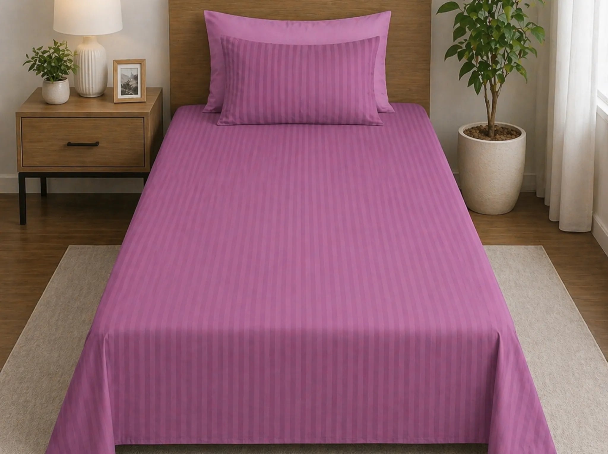 Rose Pink - Linen & Loom Elegance Series (60x90 inches) Bedsheet with 1 Pillow Cover | Luxury Striped Cotton Blend Bedsheet Set | Soft, Breathable & Hotel-Style Finish | TC 200