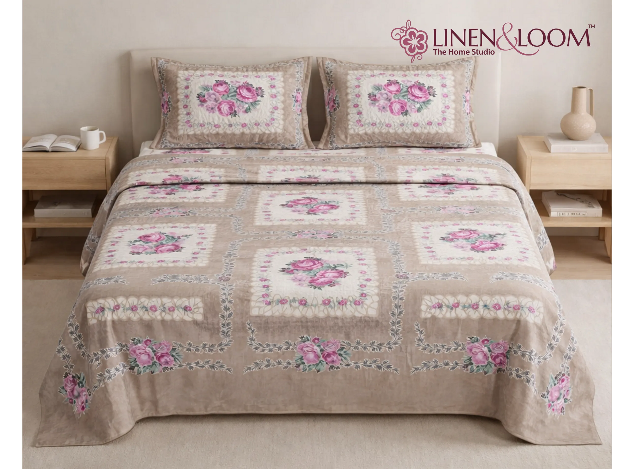 Duchess Petal Beige - Linen & Loom Natural Collection - Super King (100x108) 100% Pure Cotton Bedsheet with 2 Pillow Covers | Soft Breathable Bedspread for Home Decor | TC 240