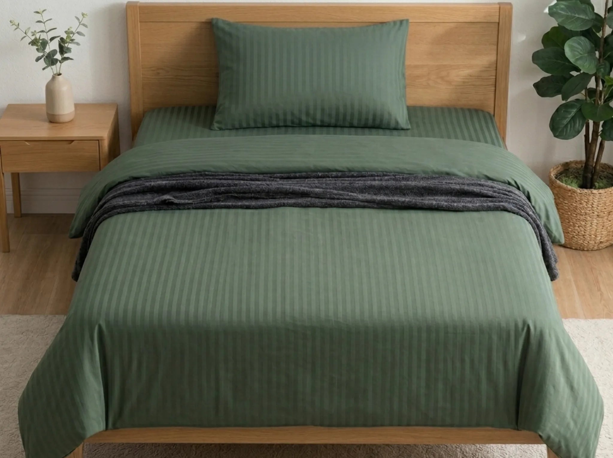 Mediterranean green - Linen & Loom Elegance Series (60x90 inches) Bedsheet with 1 Pillow Cover | Luxury Striped Cotton Blend Bedsheet Set | Soft, Breathable & Hotel-Style Finish | TC 200