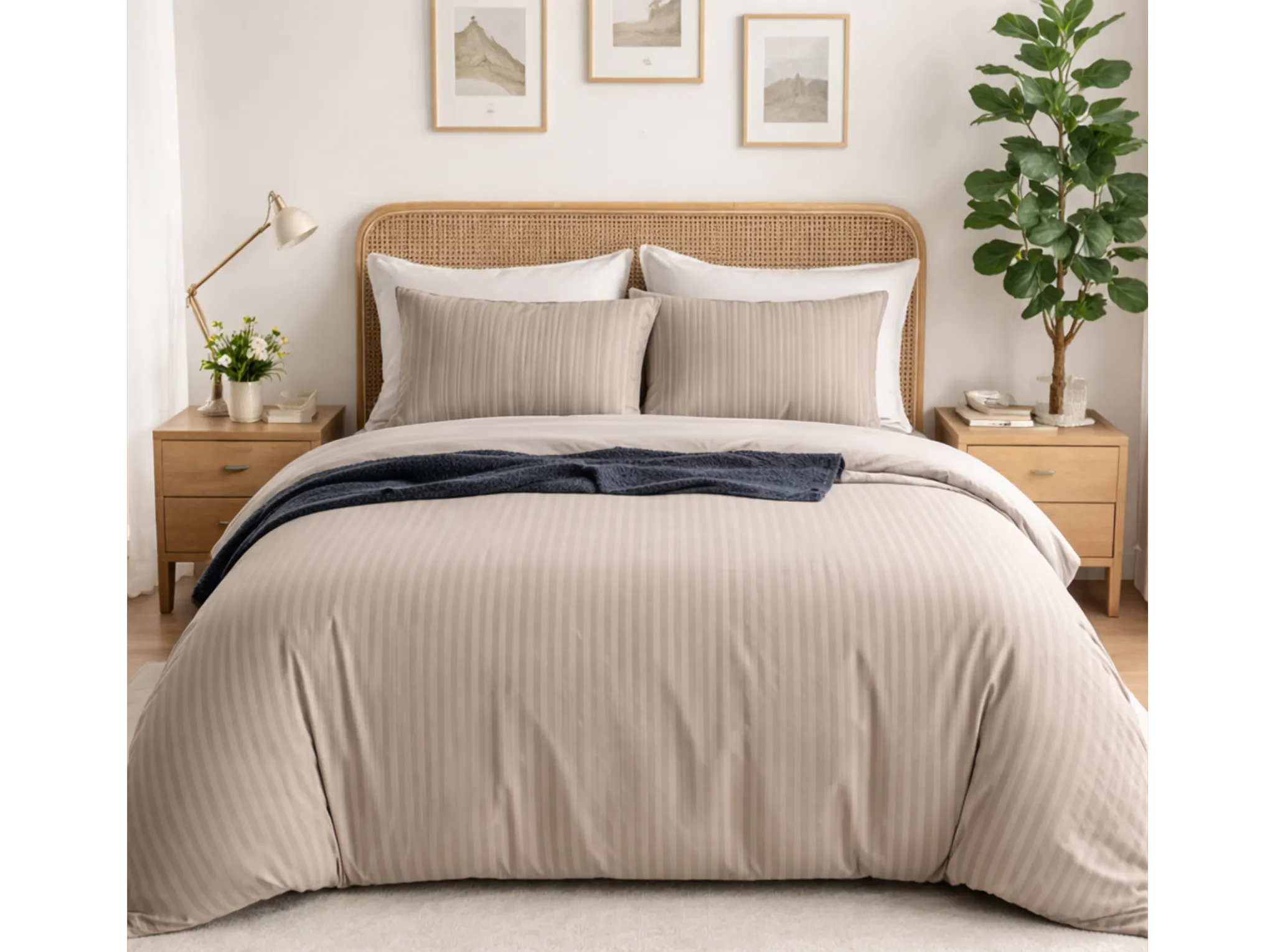 Beige - Linen & Loom Elegance Series Super King Size Bedsheet with 2 Pillow Covers | Luxury Striped Cotton Blend Bedsheet Set 200 TC | Soft, Breathable & Hotel-Style Finish (108 x 108 inches)
