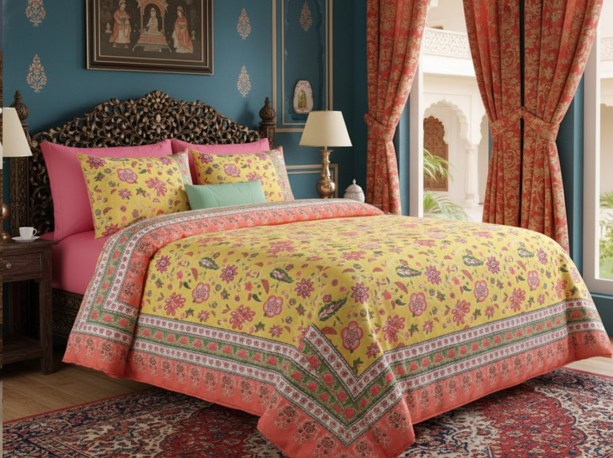 Floral Darbar-Yellow — Linen & Loom Maharani Motifs Premium 100% Pure Cotton King Size (90x108) Double Bed Bedsheet with 2 Pillow Covers || Floral Printed Elegant Bedroom Bedding Set || 240 TC