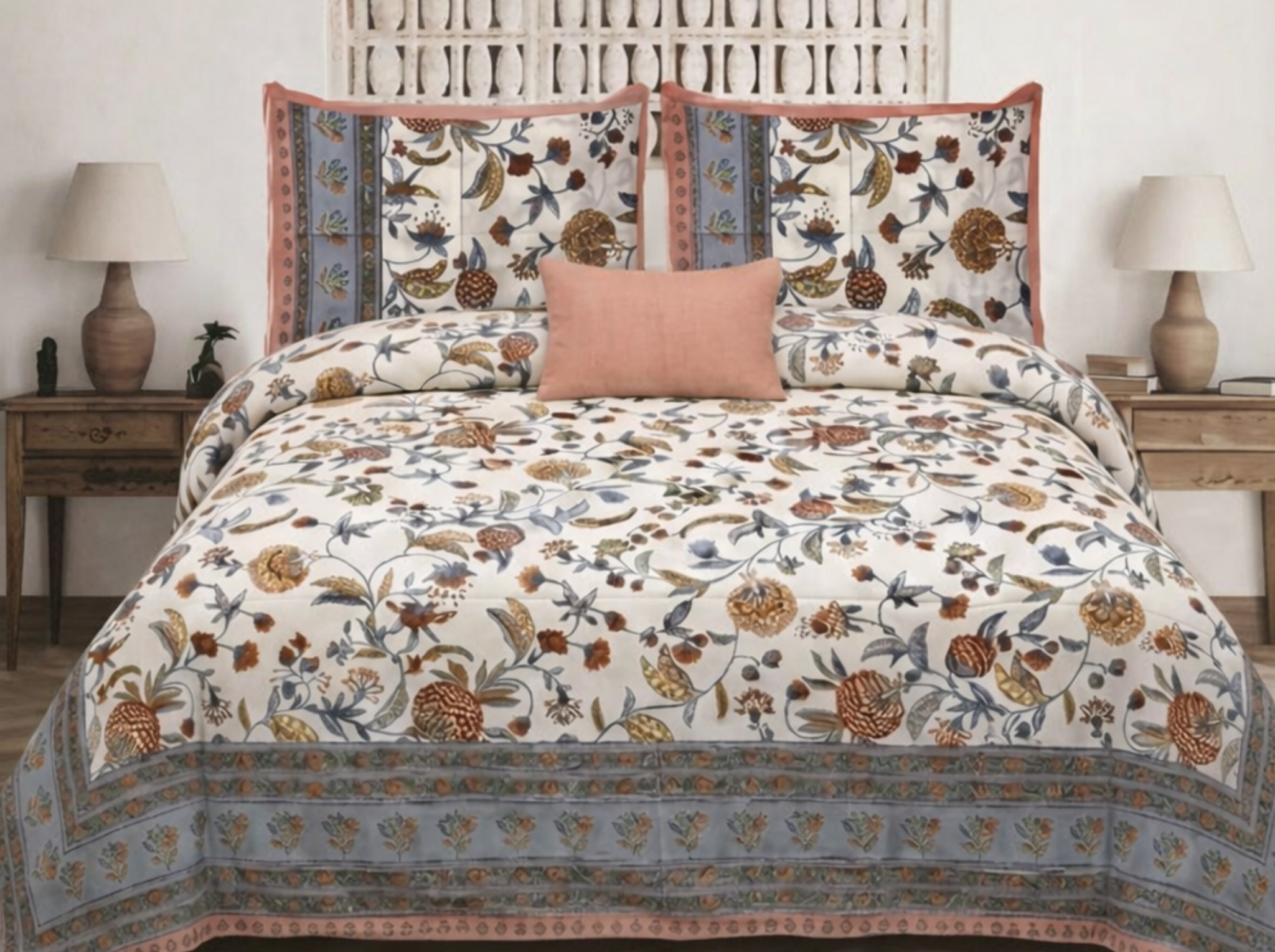 Firdaus Heritage - Yellow — Linen & Loom Maharani Motifs Premium 100% Pure Cotton King Size (90x108) Double Bed Bedsheet with 2 Pillow Covers || Floral Printed Elegant Bedroom Bedding Set || 240 TC