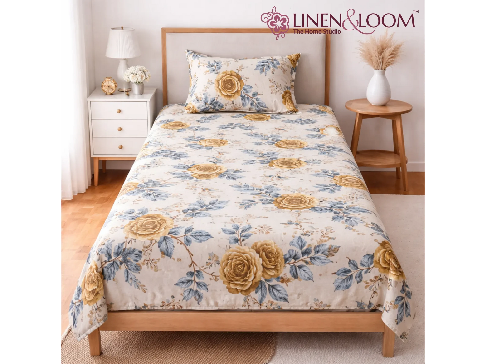 Blueleaf Blossom - Linen & Loom The Natural Collection - 100% Pure Cotton Single Bedsheet (60 x 90 Inches) with 1 Pillow Cover | 240 TC - Soft & Breathable Cotton Bed Sheet for Bedroom