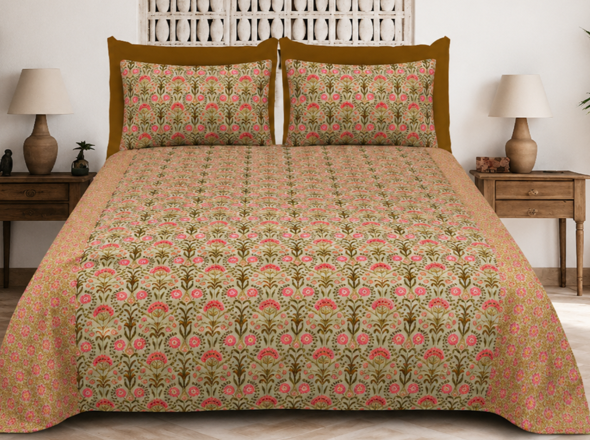 Rani Elegance Mehandi Green — Sanganeri Stories Bedsheet | Linen & Loom