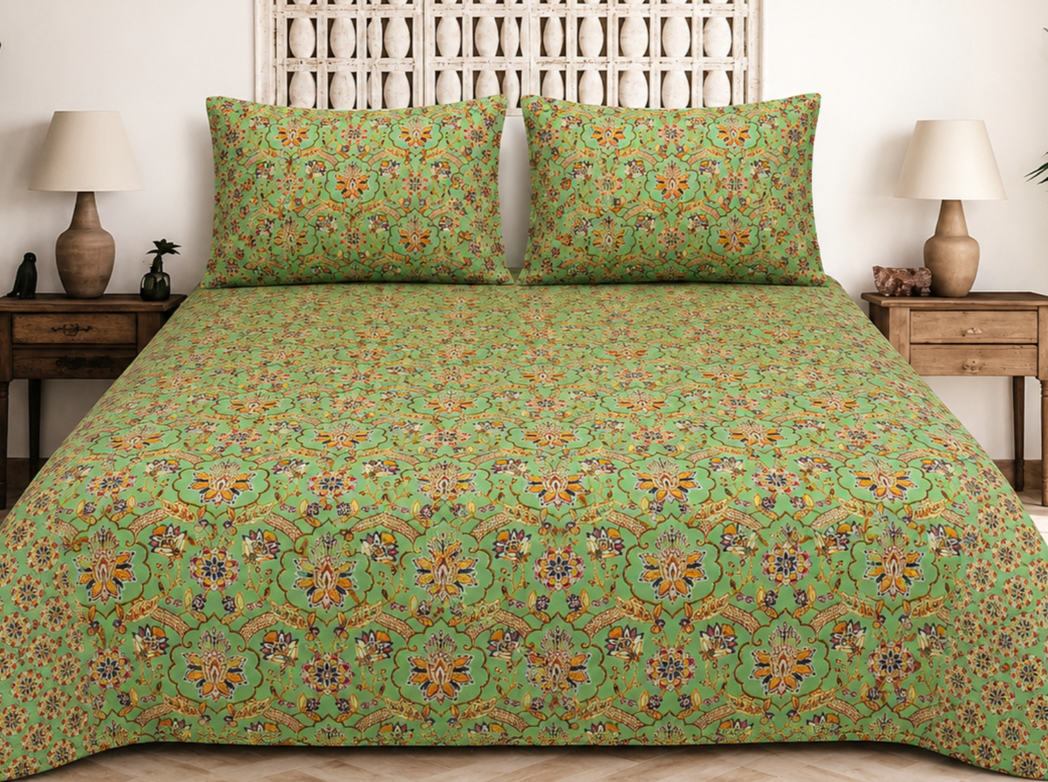 Meher Vista Mehandi Green — Sanganeri Stories Bedsheet | Linen & Loom