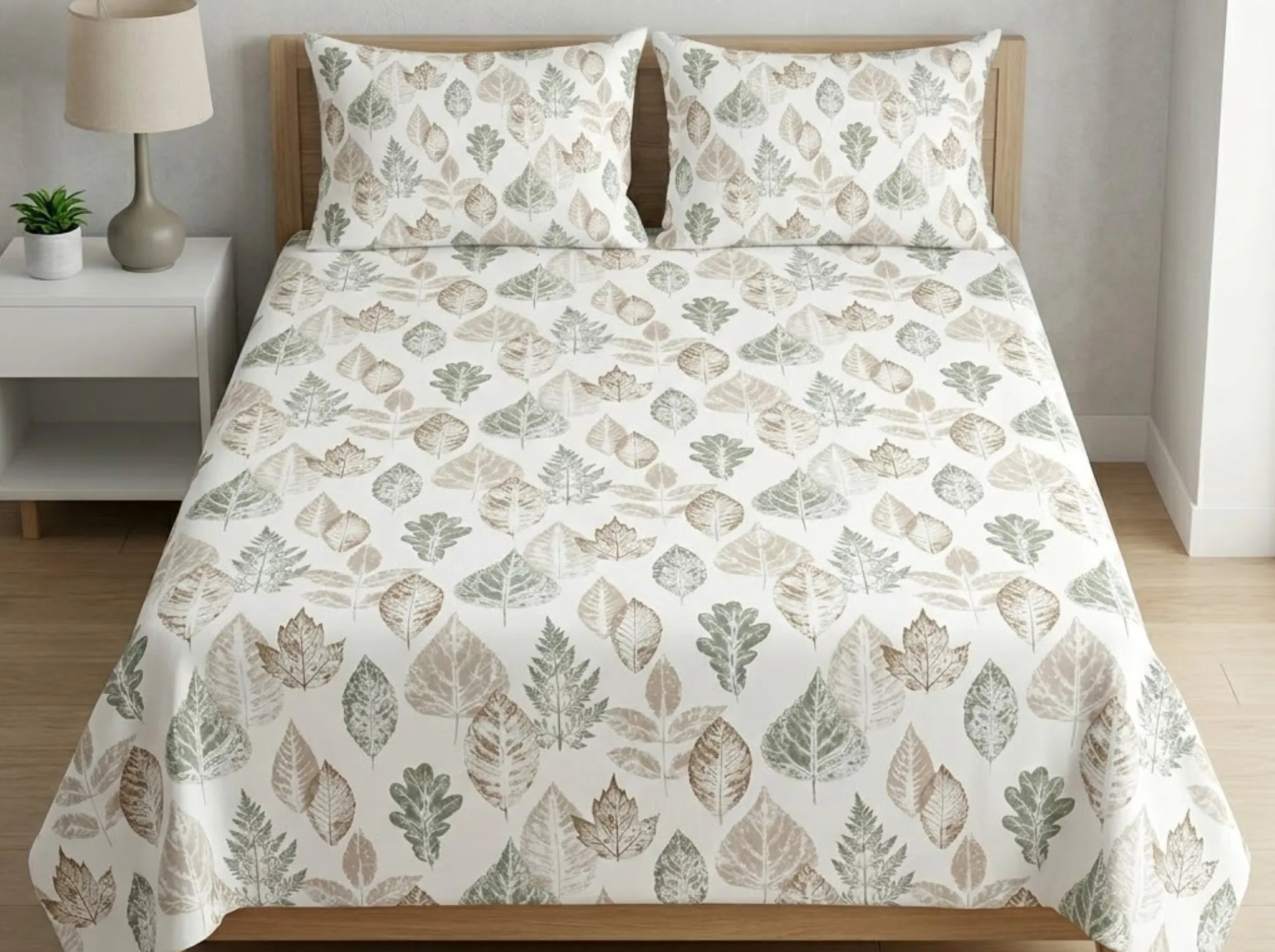Rustic Leaves - Linen & Loom Serenity Series Super King Size (108x108 inches) Double Bedsheet with 2 Pillow Covers || Soft Breathable Cotton Feel Bedding Set with Elegant Geometric Design || TC 240