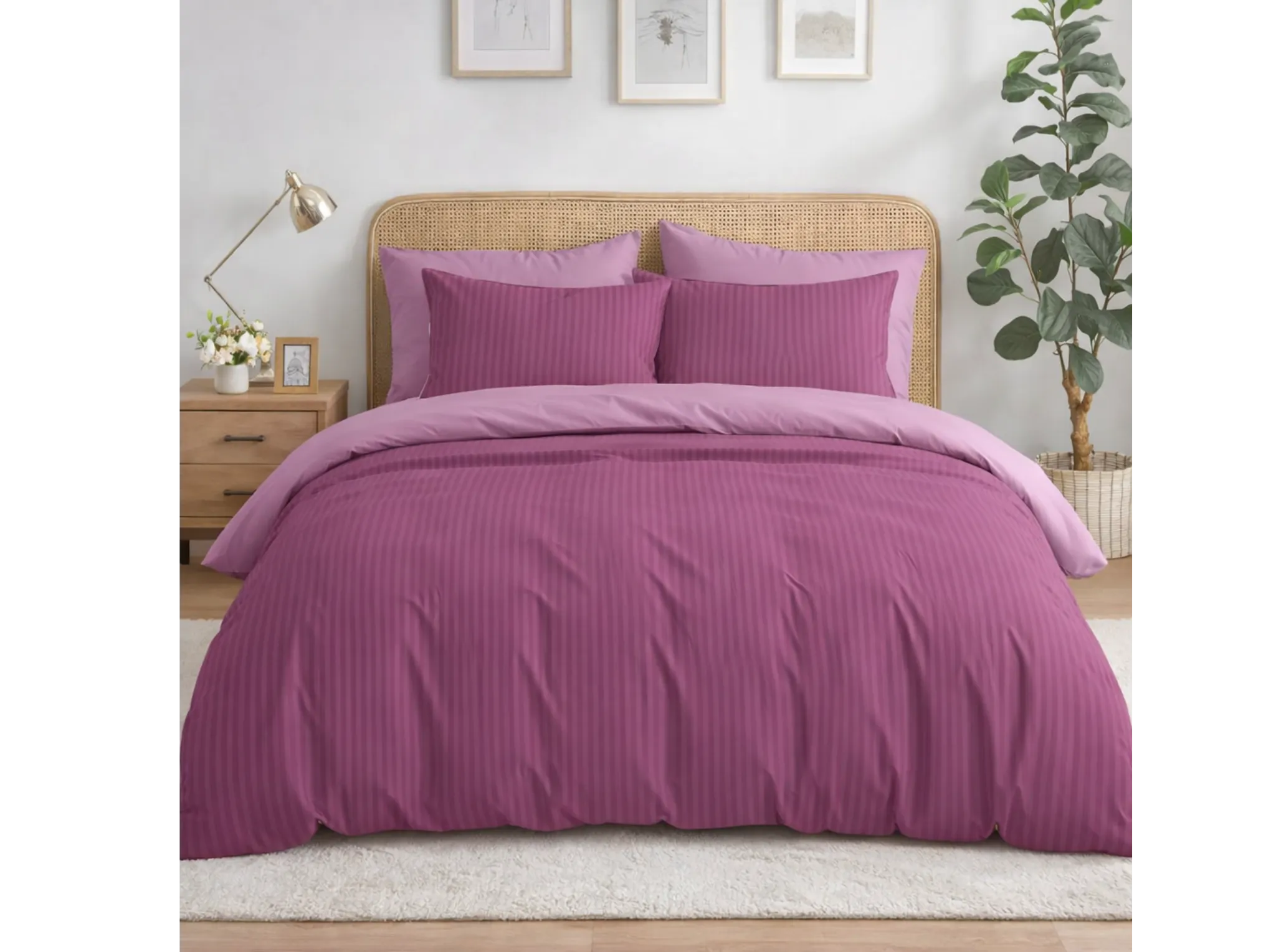 Rose Pink - Linen & Loom Elegance Series Super King Size Bedsheet with 2 Pillow Covers | Luxury Striped Cotton Blend Bedsheet Set 200 TC | Soft, Breathable & Hotel-Style Finish (108 x 108 inches)